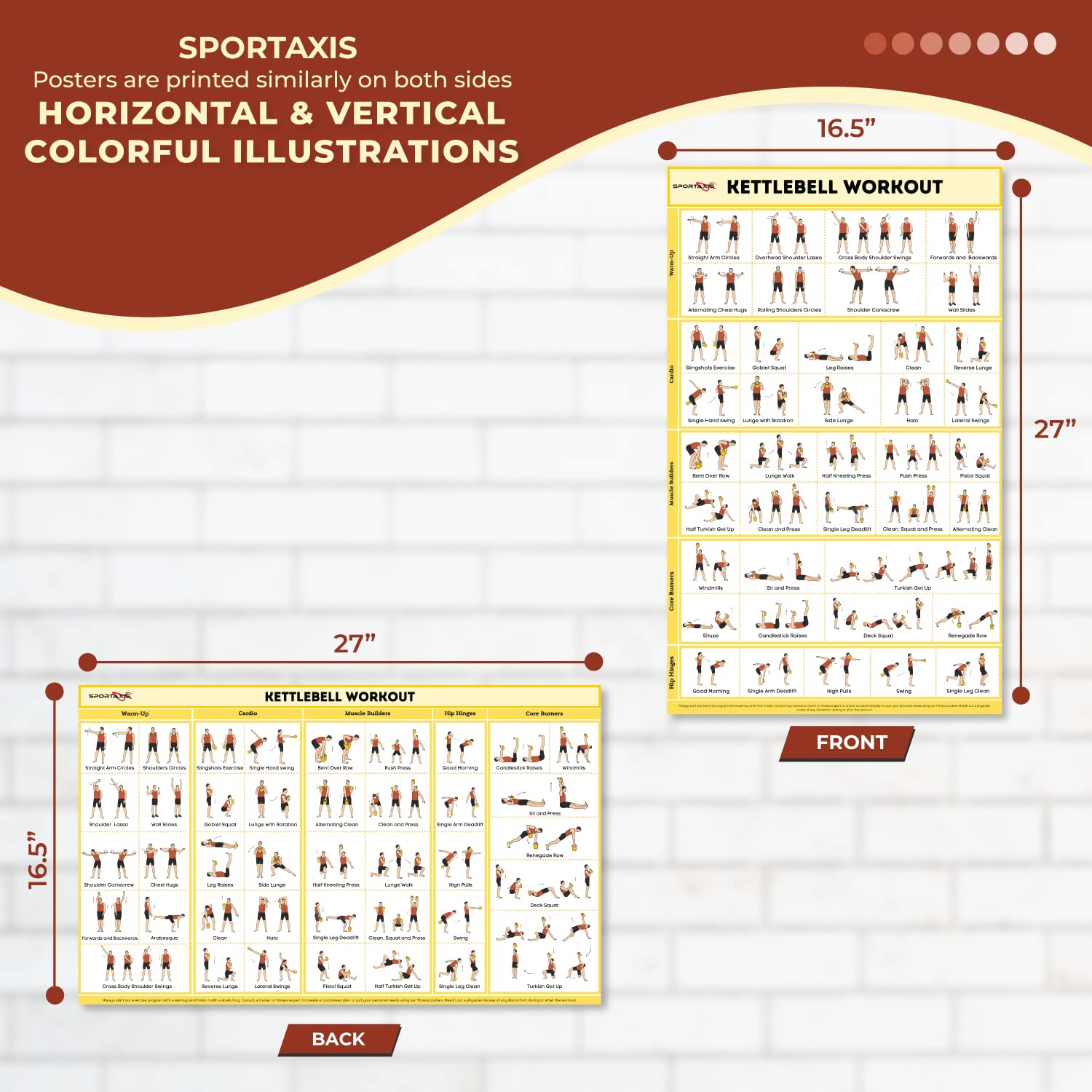 SPORTAXIS Kettlebell Workout Poster - 40 Double-Sided Laminated Exercise Charts for Home & Gym Training (16.5x27 in) | No-Equipment Fitness Guide for Strength Training & Weight Loss