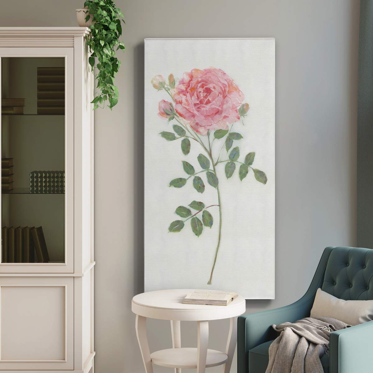 Floral Canvas Wall Art - Pink & Green Rustic Flower Painting Print for Home Decor (20x40 Inches) - Perfect for Bedroom, Living Room, Dining Room, Office & Kitchen Wall Decoration