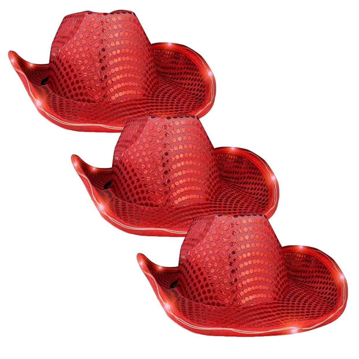 Blinkee 3 Pack Sparkling LED Cowboy Hat with Red Sequins - 8 Bright Red Lights for Parties, Rodeos & Western Theme Events