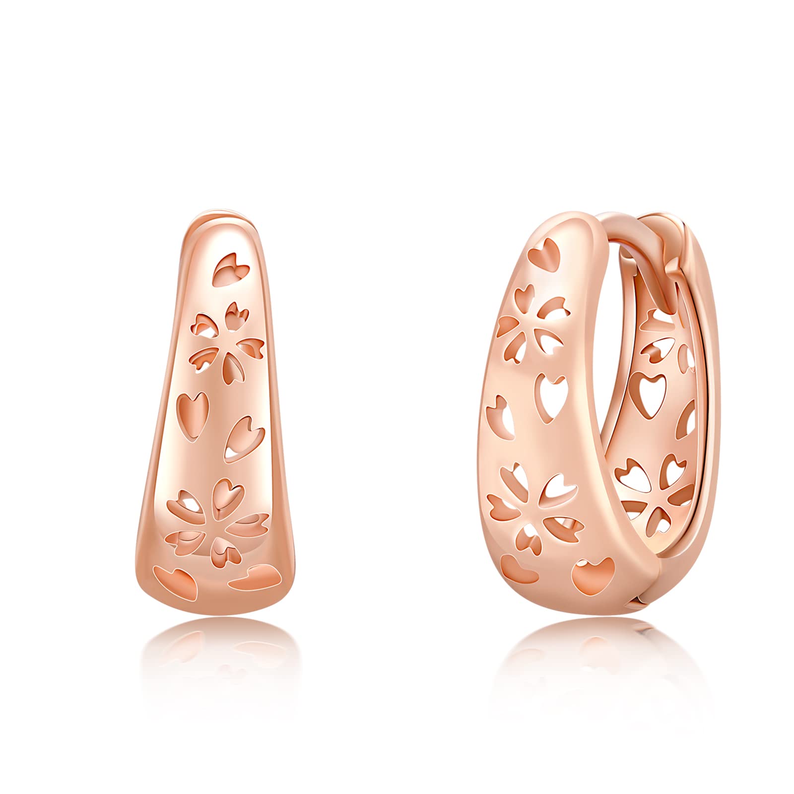 TwoOwl 925 Sterling Silver Rose Gold Hoop Earrings - Lotus Flower Openwork Huggie Earrings for Women, Sakura Wide Hoops Jewelry Gift (Perfect for Mother's Day, Birthday, Anniversary & Everyday Wear)
