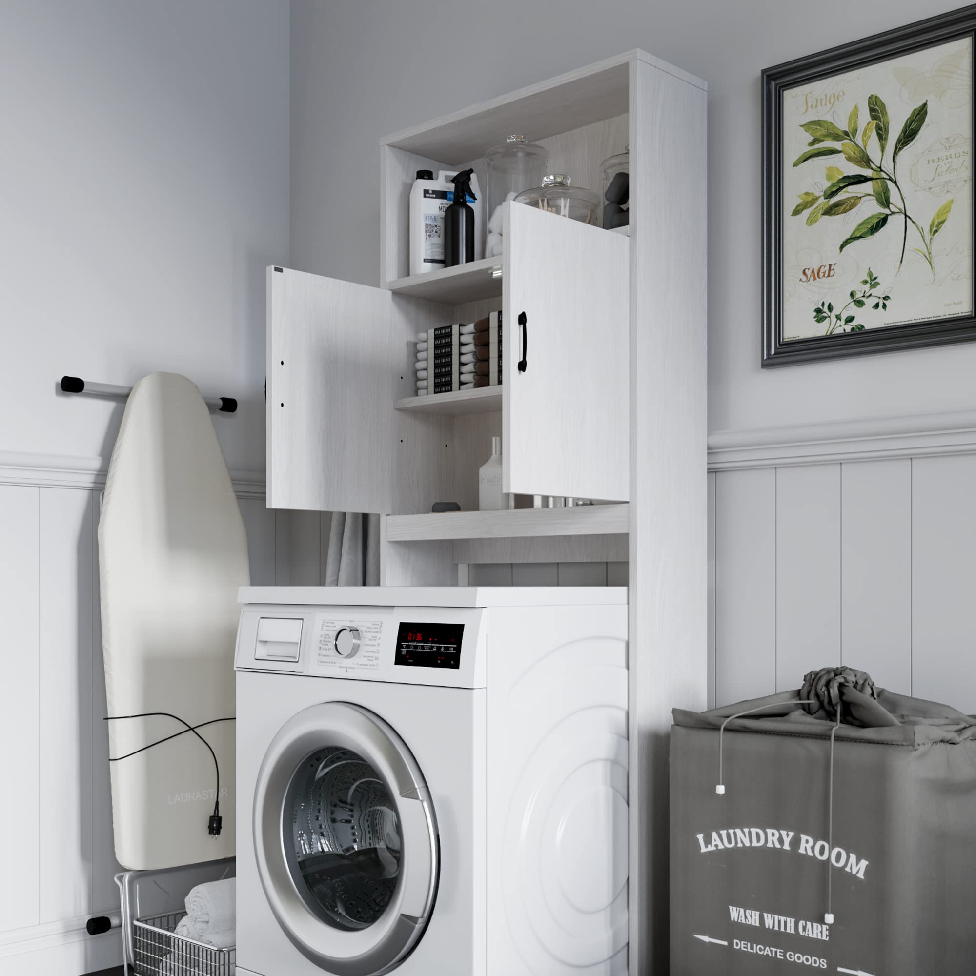 ODIKA Over The Toilet Storage Cabinet - Double Door Bathroom Organizer with Adjustable Shelf, White & Grey Space Saver for Small Bathrooms | Perfect for Toilet Paper Storage, Towel Organization & Bathroom Essentials