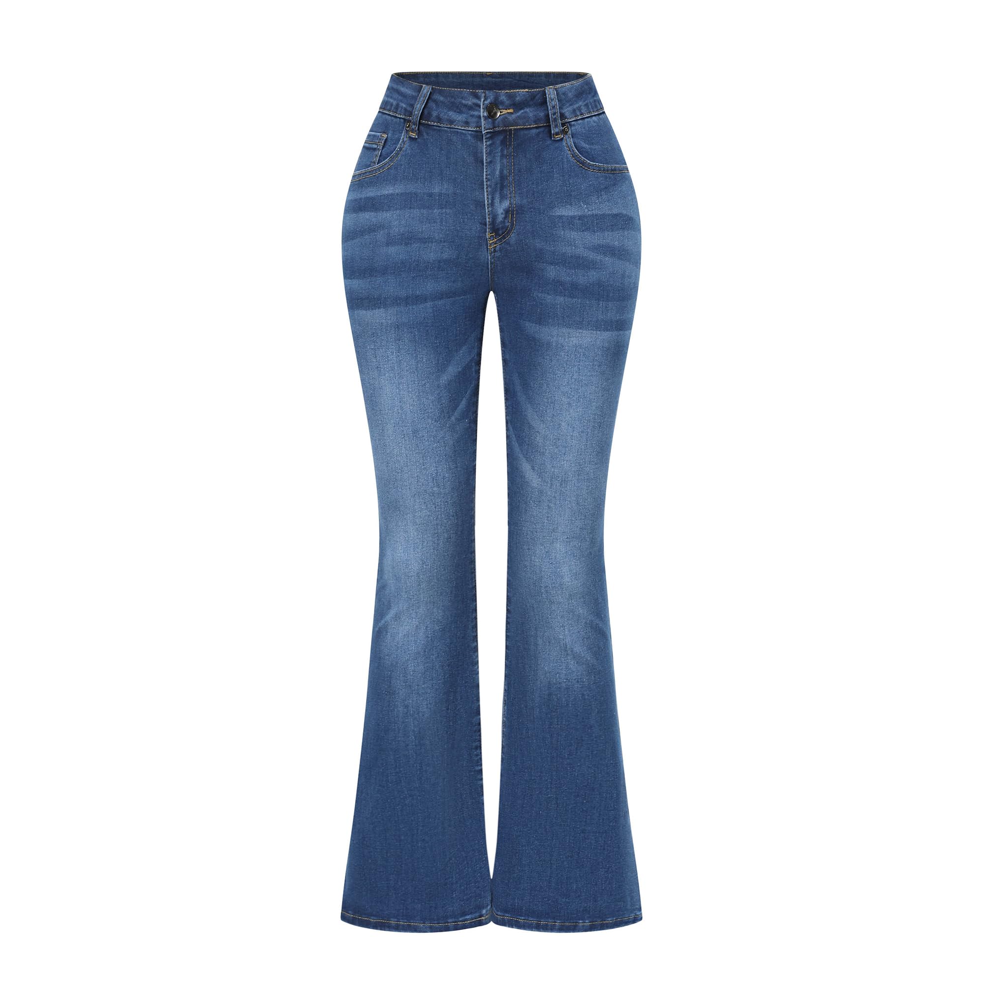 THUNDER STAR Women's Stretch Mid Rise Flare Jeans - Distressed Denim Bell Bottom Pants for Casual Wear & Retro Fashion Outfits