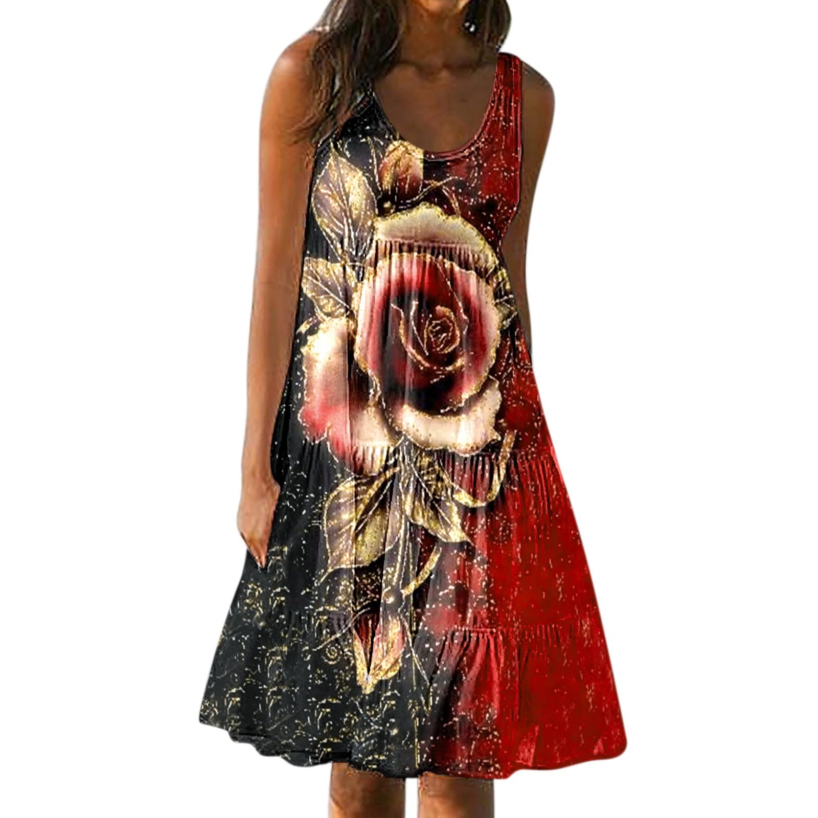 Women's Casual Summer T-Shirt Dress - Round Neck Sleeveless Tank Midi Swing Dress for Beach, Vacation & Everyday Wear | Fashionable Comfort for Outings, Parties & Relaxation