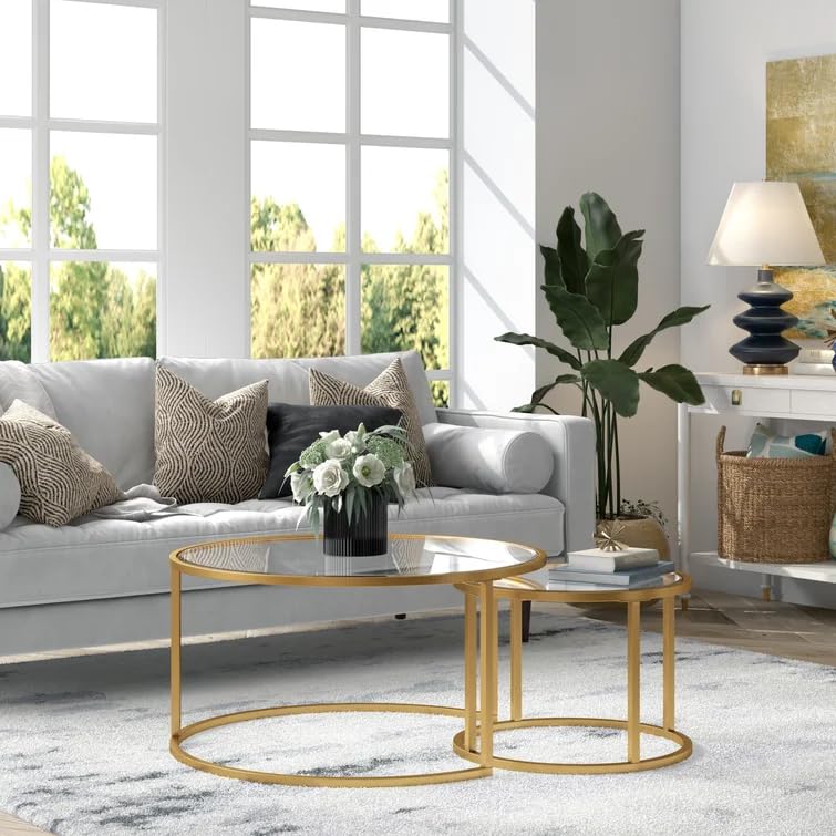 Modern Round Nesting Coffee Table Set of 2 - Gold Metal Frame & Tempered Glass Side Tables for Living Room, Dining Room - 31.5