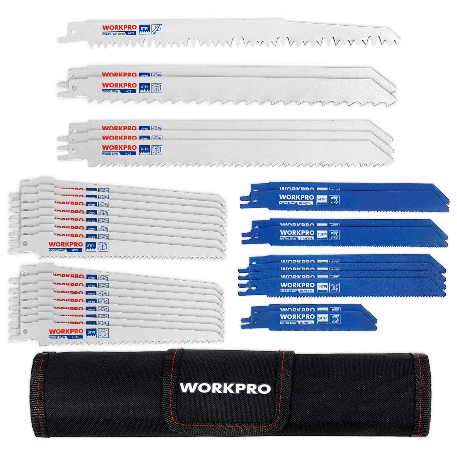 WORKPRO 32-Piece Reciprocating Saw Blade Set for Metal & Wood Cutting - High Carbon Steel Pruner Saw Blades with Storage Pouch | Perfect for DIY Projects, Home Renovation & Professional Construction Work