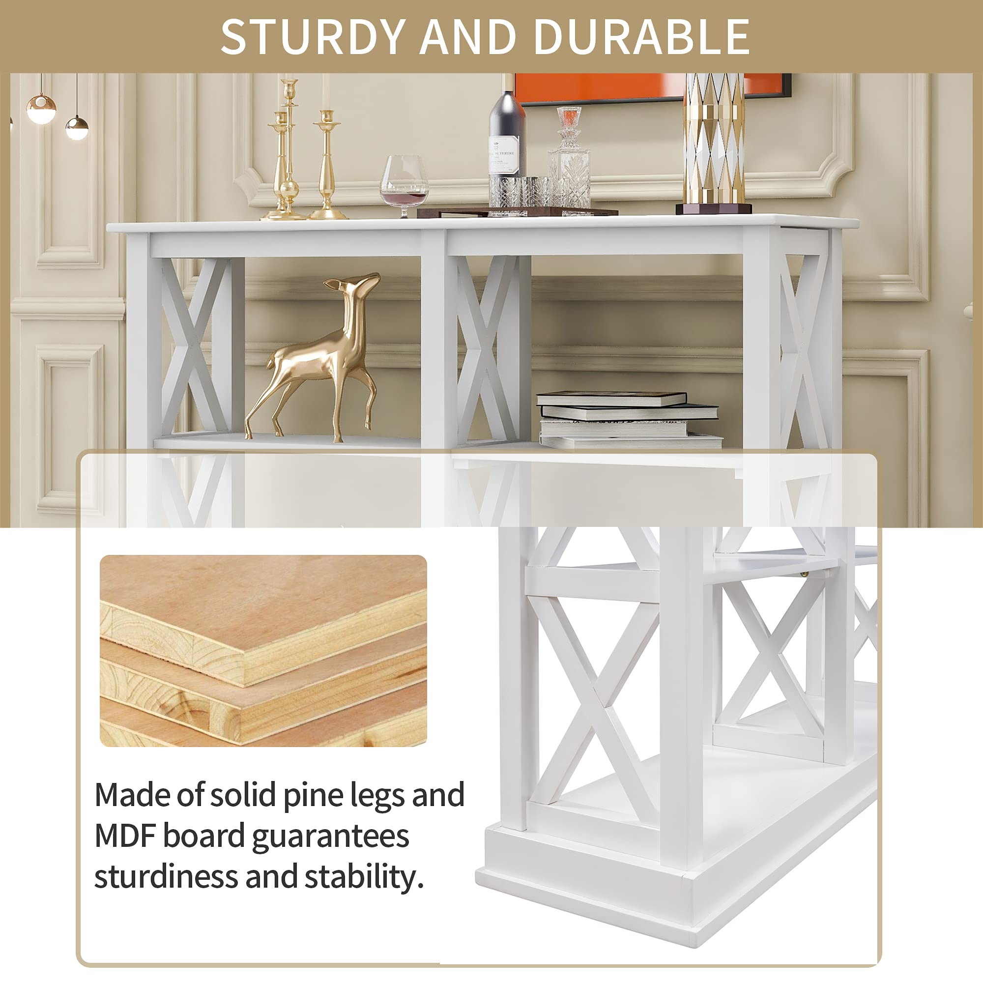 Modern White Console Table with 3-Tier Open Storage & X-Shaped Legs - Narrow Sofa Table, Side Table, Entryway Table for Living Room, Hallway, Bedroom - Perfect for Small Spaces & Home Organization