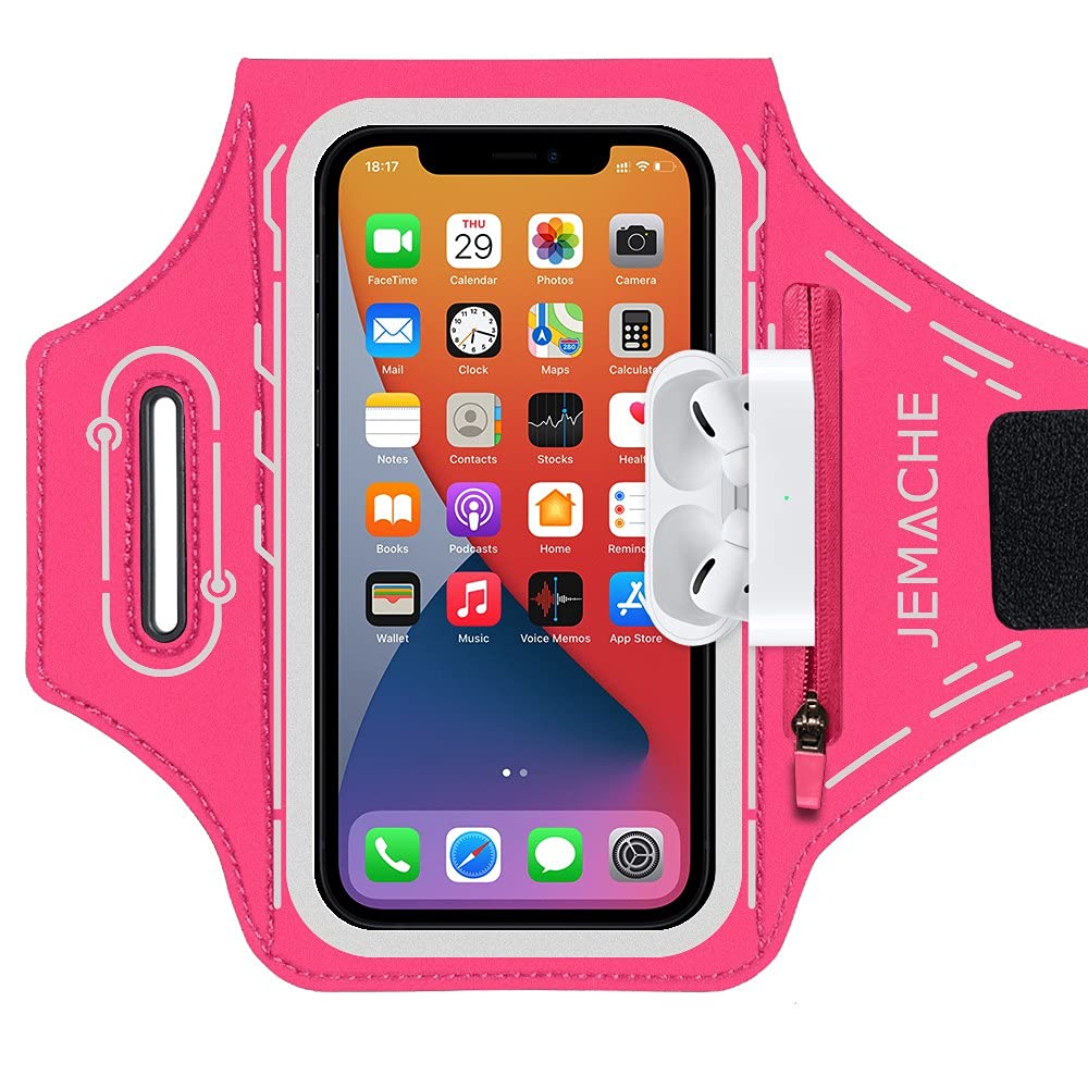 JEMACHE Running Armband for iPhone 16 15 14 13 12 Pro & Samsung Galaxy S25 S24 S23 S22 S21 - Adjustable Workout Armband with Earphone Holder & Sweatproof Design (Rosy Pink) - Perfect for Jogging, Gym Workouts & Outdoor Activities