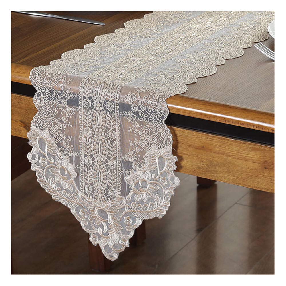 Macrame Table Runner - Modern Farmhouse Dresser Cover, Classic Lace Tablecloth for Coffee & Dining Table - Rustic Wedding Party Decor (Champagne, 11.8x47.2 Inches) - Perfect for Boho Home Decor, Farmhouse Weddings & Holiday Table Settings