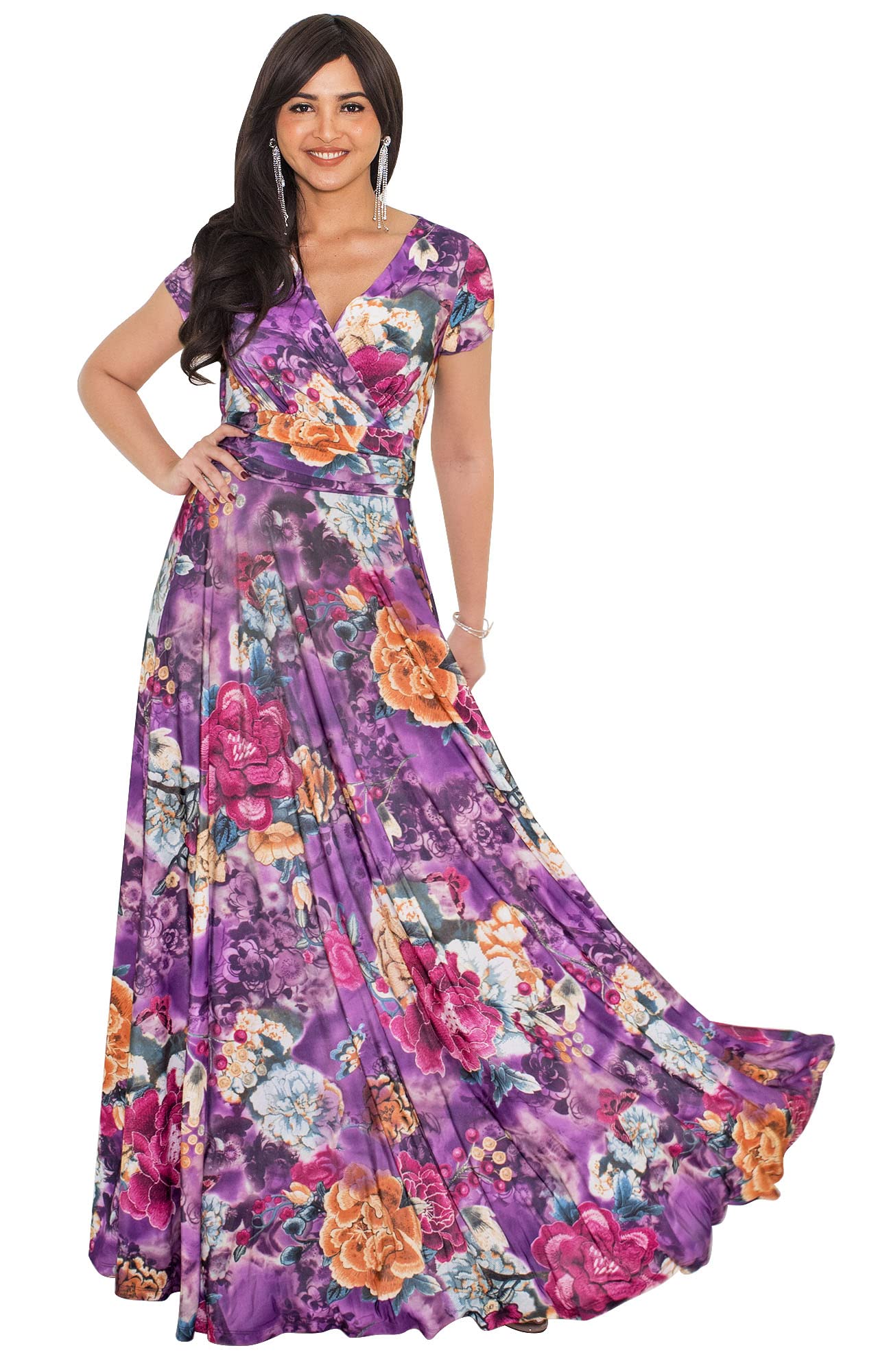 KOH KOH Women's Long Maxi Summer Dress - Floral Print Short Sleeve Flowy Modest Gown for Beach, Vacation & Casual Wear