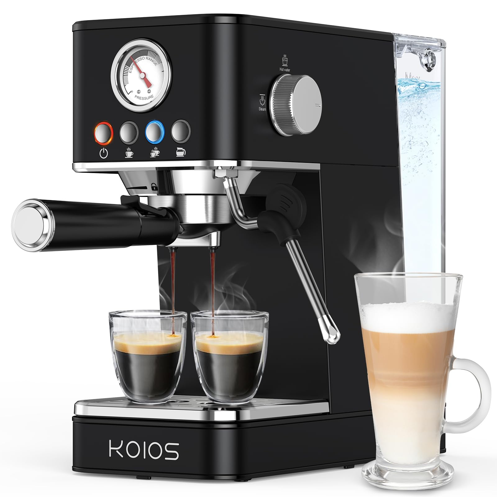 KOIOS 20 Bar Semi-Automatic Espresso Machine with Milk Frother - Professional Home Coffee Maker for Espresso, Cappuccino & Latte - 58oz Removable Water Tank (Black) - Perfect for Home Baristas & Coffee Lovers
