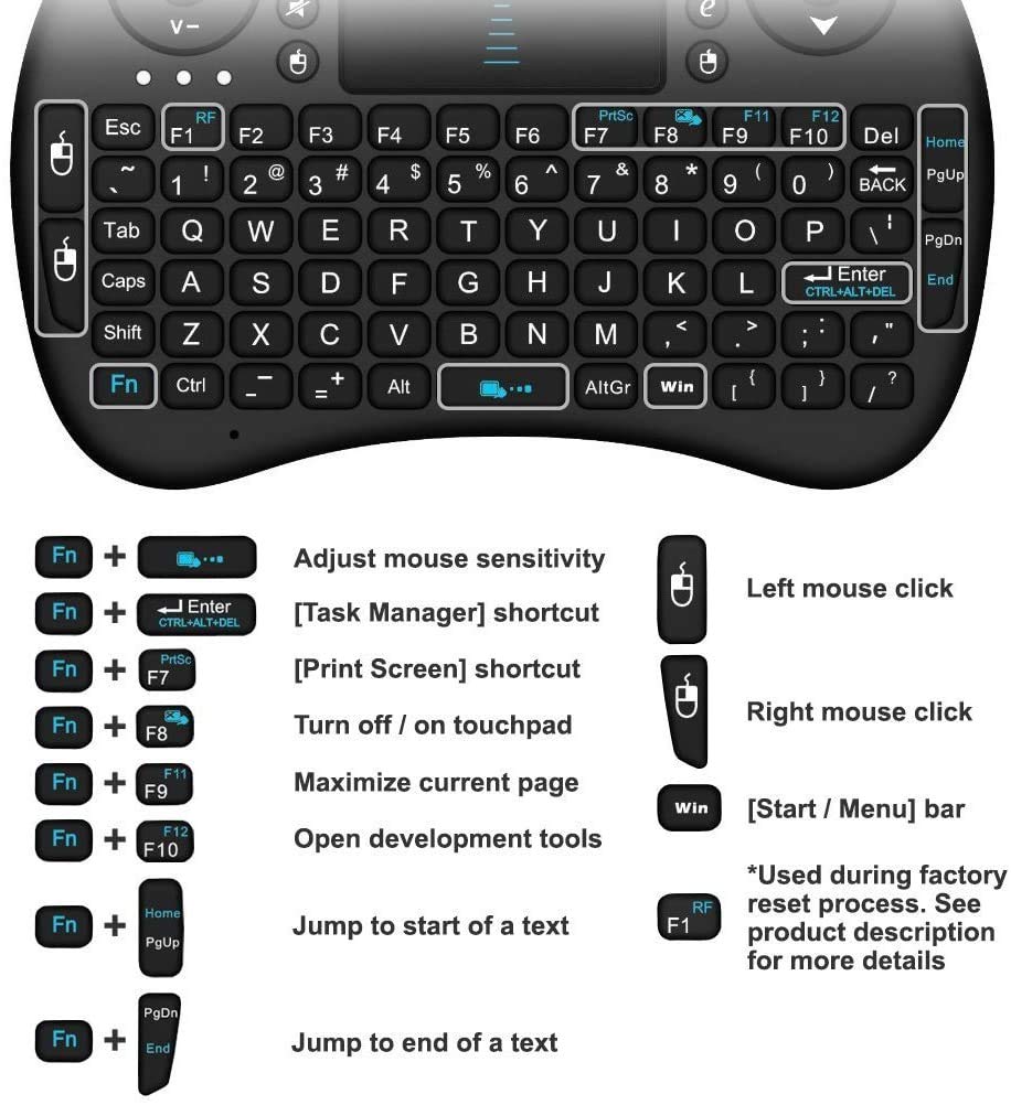 Rii I8 Mini 2.4Ghz Wireless Touchpad Keyboard with Built-in Mouse - Compatible with PC, Tablet, Xbox 360, PS3, Android TV Box, HTPC, IPTV (Black) - Perfect for Home Entertainment & Smart TV Control