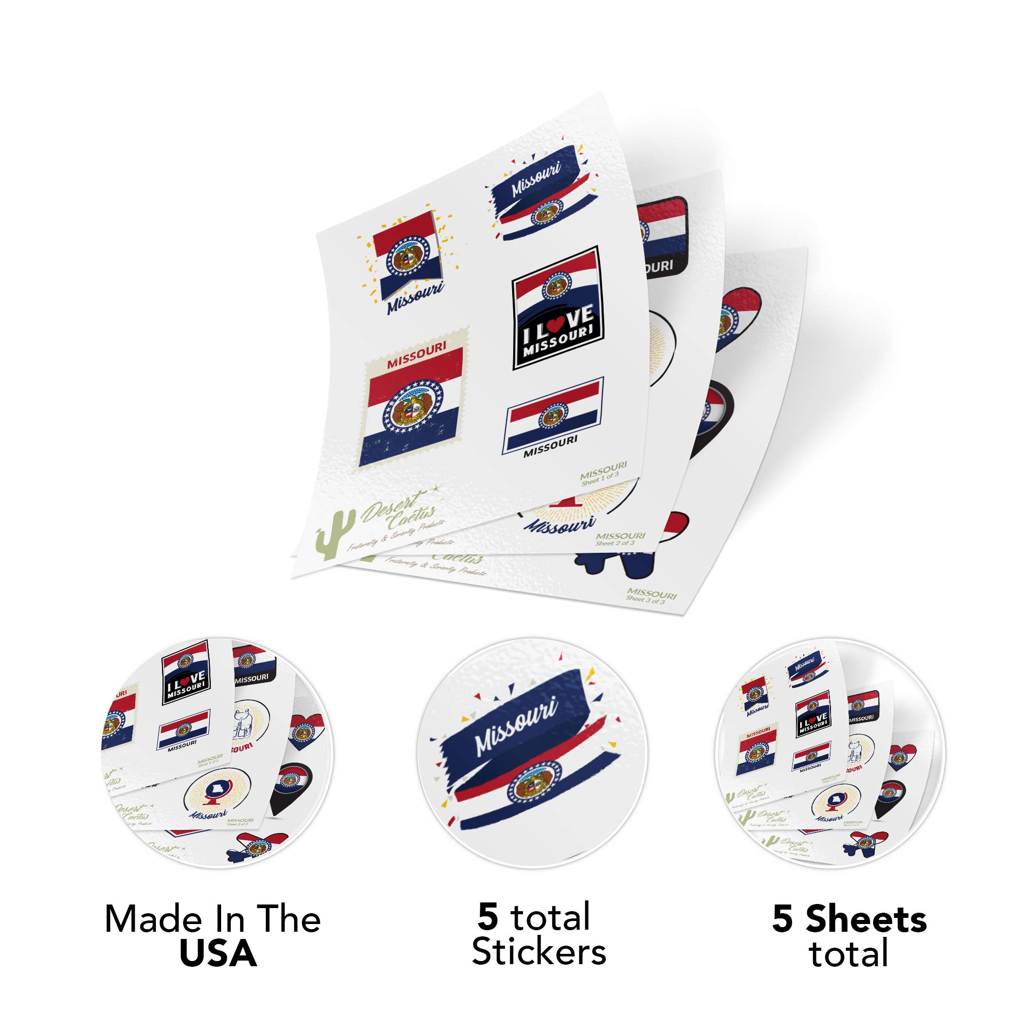 Missouri State Flag Sticker - Desert Cactus Design - 3 Pack Vinyl Decals for Kids, Scrapbooking, Cars, Windows, Bumpers & Laptops - Durable Waterproof Decorative Stickers for Home, Office & School Use