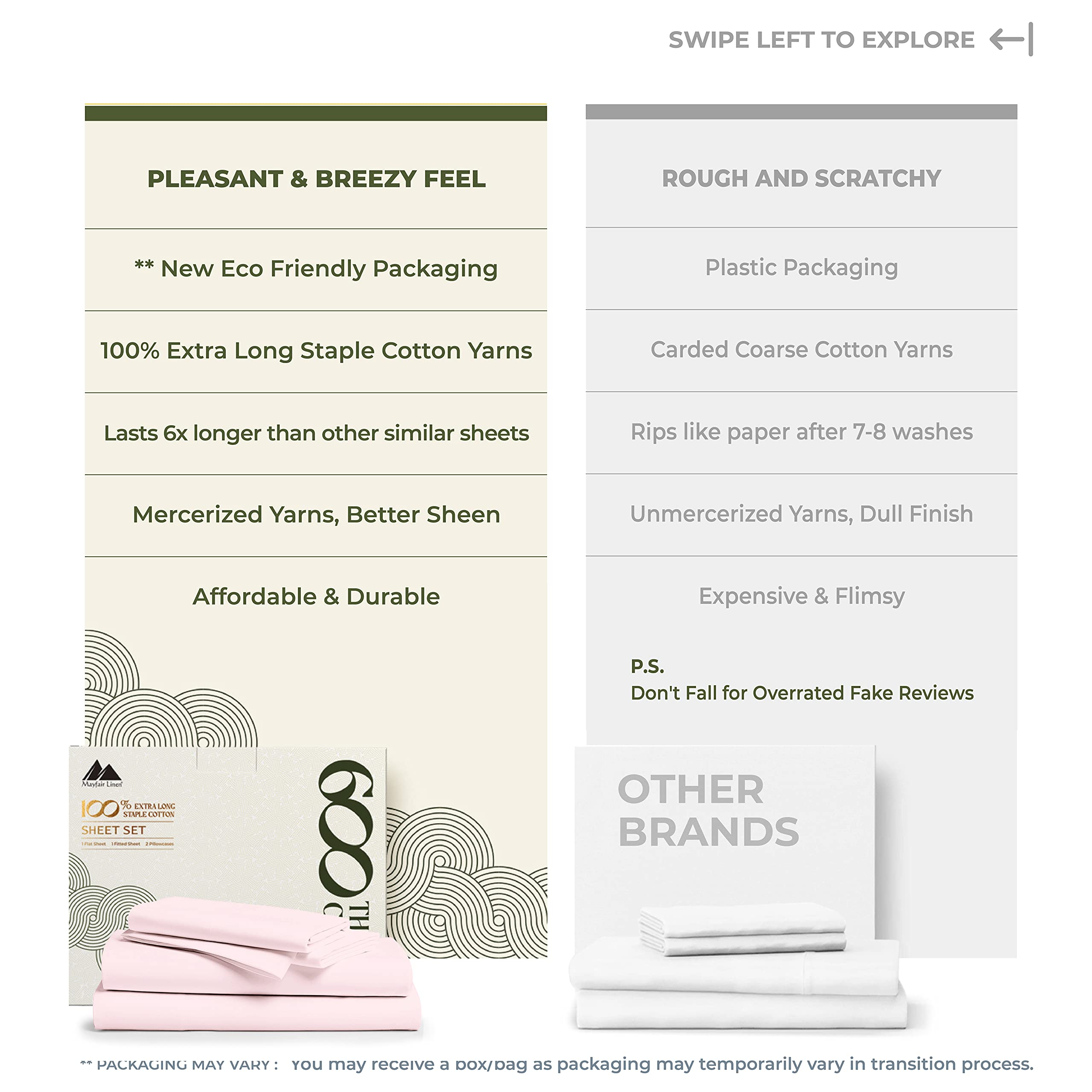 Premium 600 Thread Count 100% Egyptian Cotton Twin Sheet Set - 3 PC Soft & Cooling Luxury Bedding with 16