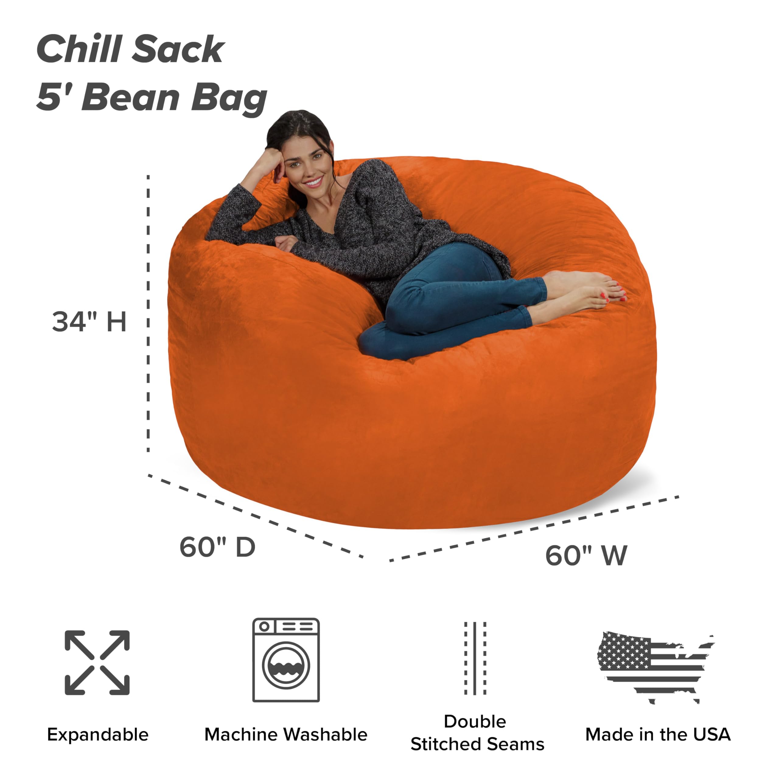 Chill Sack 5' Giant Memory Foam Bean Bag Chair - Ultra Soft Microfiber Cover in Vibrant Orange | Perfect for Living Rooms, Game Rooms & Dorm Relaxation