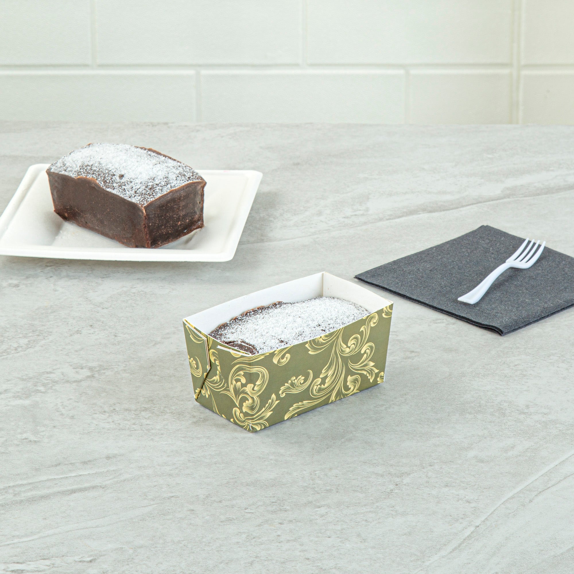 Bake Tek 9 oz Dark Green Vintage Floral Paper Mini Loaf Pans - Greaseproof Baking Cups (4