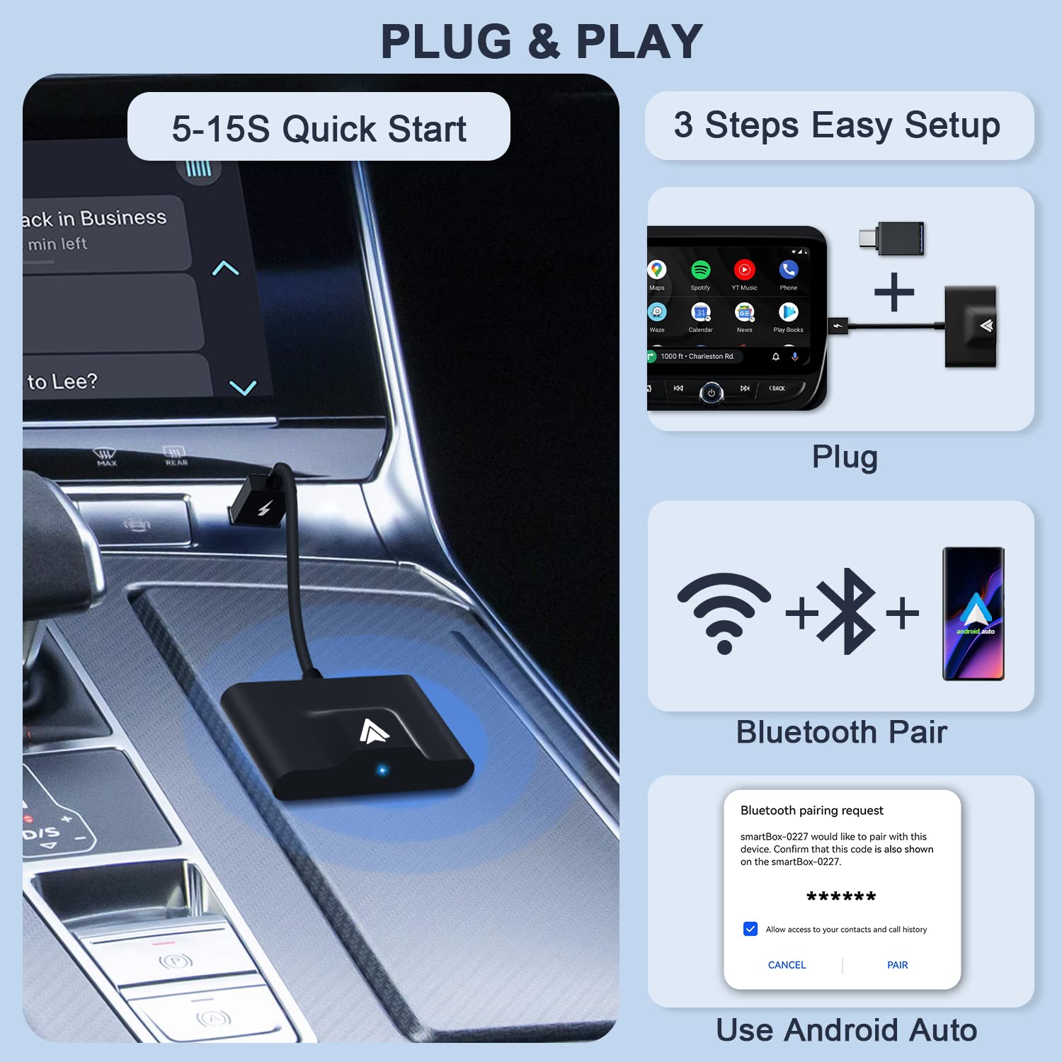 Teeran Wireless Android Auto Adapter - Plug & Play Dongle for OEM Wired Android Auto Cars | Converts Wired to Wireless | Compatible with Android Phones | Easy Setup | Black | Perfect for Commuting & Road Trips