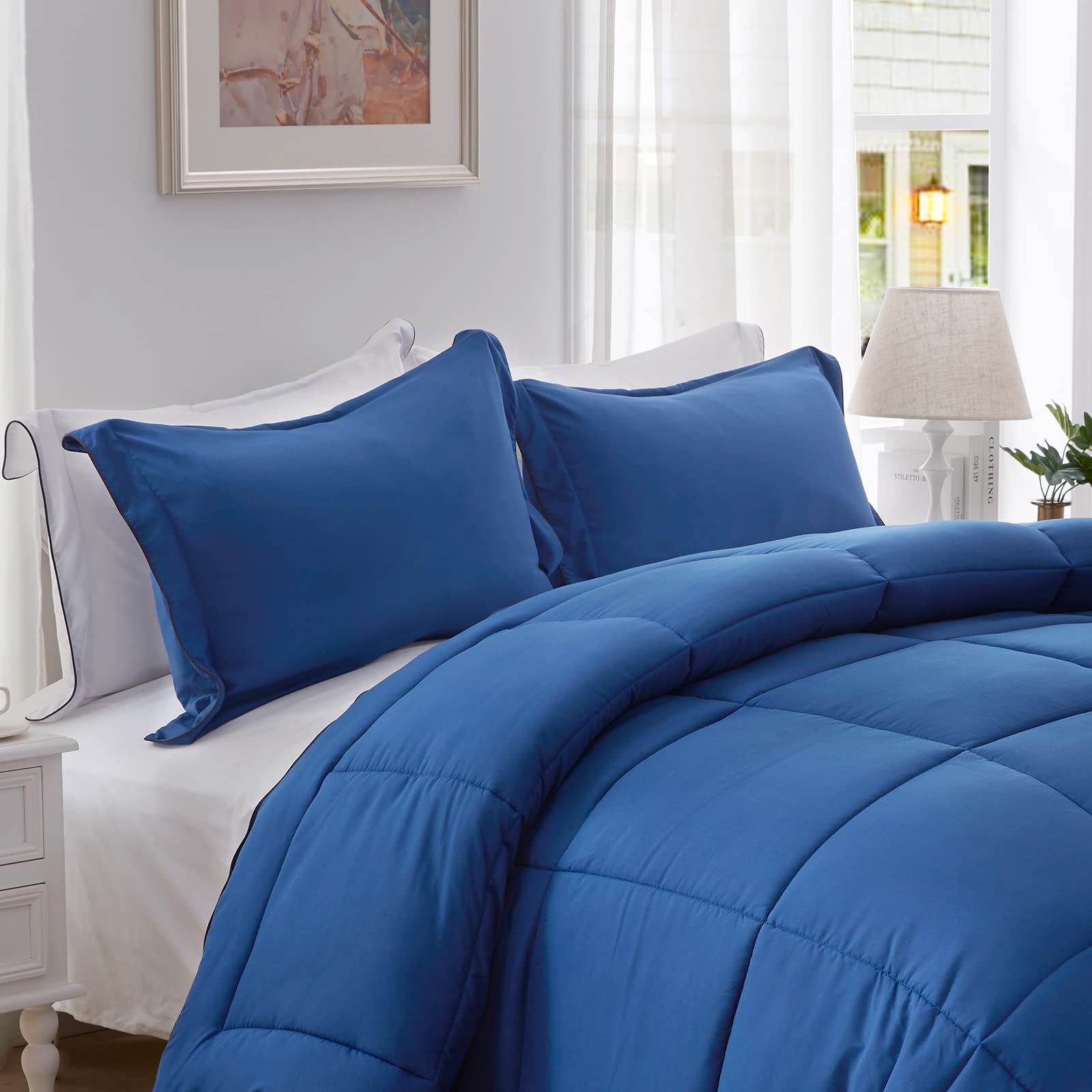 SunStyle All-Season 100% Microfiber Down Alternative Comforter Set - Queen Size Bedding with 2 Shams | Ultra Soft & Hypoallergenic | Perfect for Cozy Nights & Guest Rooms (Dark Blue, Queen)