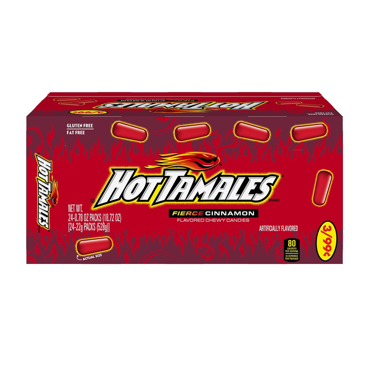 Just Born Hot Tamales Fierce Cinnamon Candy - 24 Count Box | Spicy Cinnamon Flavored Chewy Candies for Parties, Movie Nights & Office Snacks