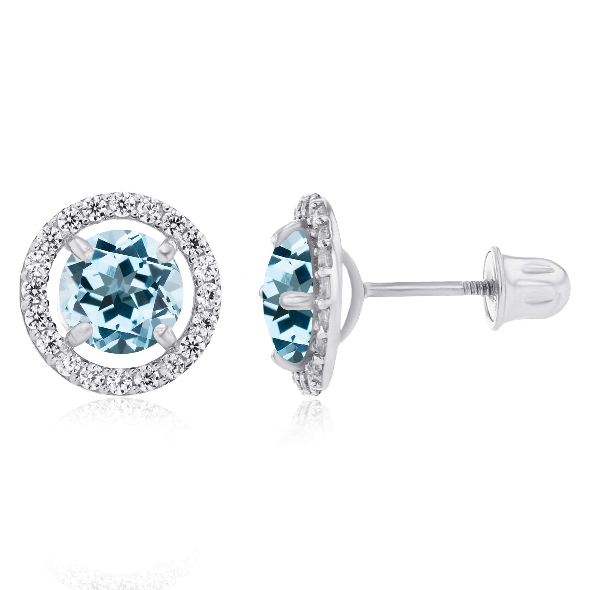 14K Solid Gold 8mm Halo Birthstone Stud Earrings for Women | Natural Gemstone Screw Back Earrings | 5mm Round Birthstone with 1mm White Sapphire Accents | Perfect Gift for Birthday, Anniversary & Mother's Day