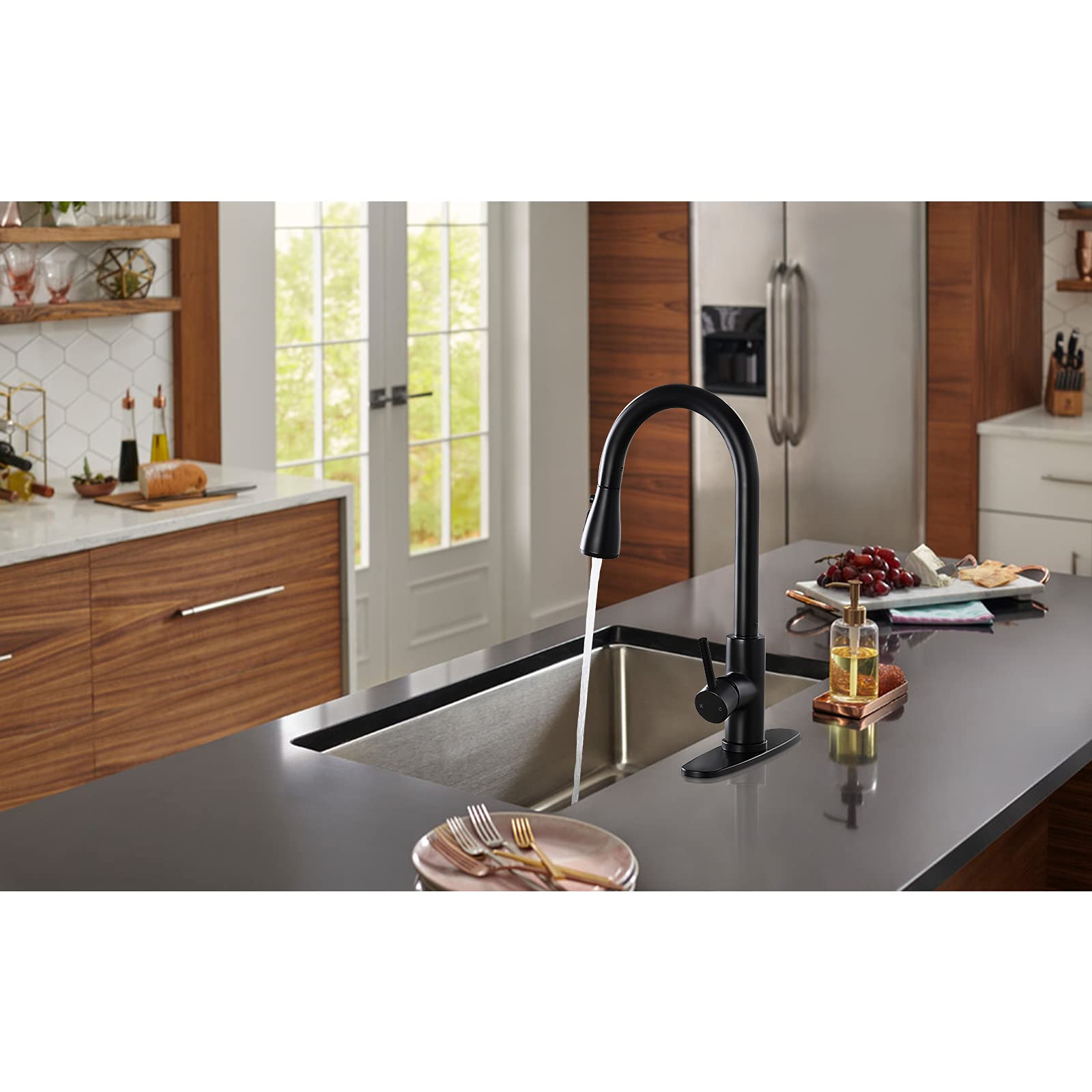 Premium Matte Black Stainless Steel Kitchen Faucet with Pull Down Sprayer - Single Handle High Arc Design for Modern Sinks | Ideal for Cooking, Washing Dishes & Food Prep