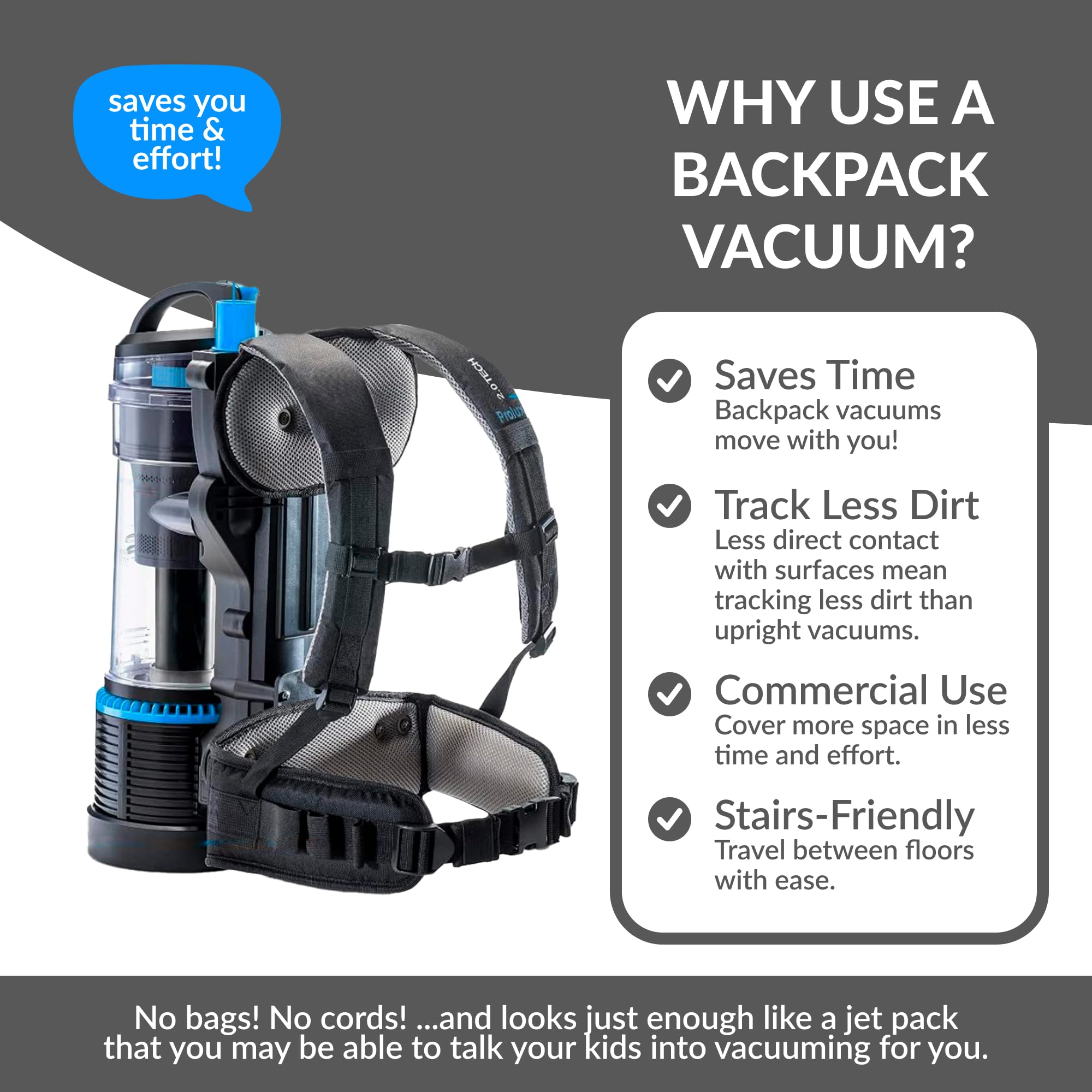 **Prolux 2.0 Cordless Bagless Backpack Vacuum Cleaner with Dual HEPA Filtration & Accessory Kit - Lightweight, Powerful Cleaning for Home, Office & Car**