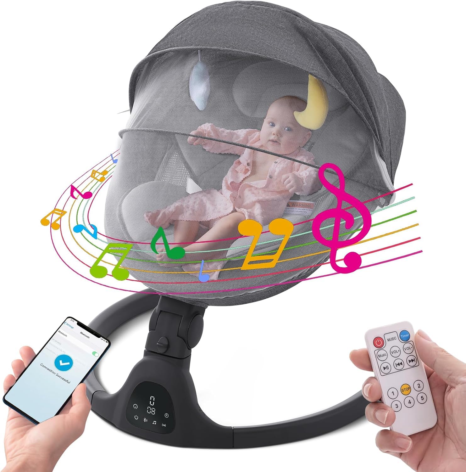 Portable Baby Swing for Newborns & Infants - Comfort Cradling Rocker with Music, Remote Control & Timer - Black - Perfect for Nursery, Travel & Soothing Fussy Babies