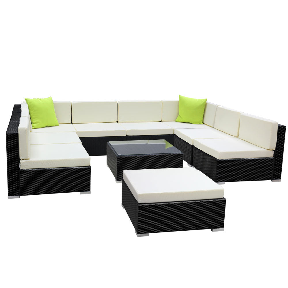 10-Piece Beige Wicker Outdoor Lounge Set with Storage Cover - Perfect for Patio, Garden, and Poolside Relaxation