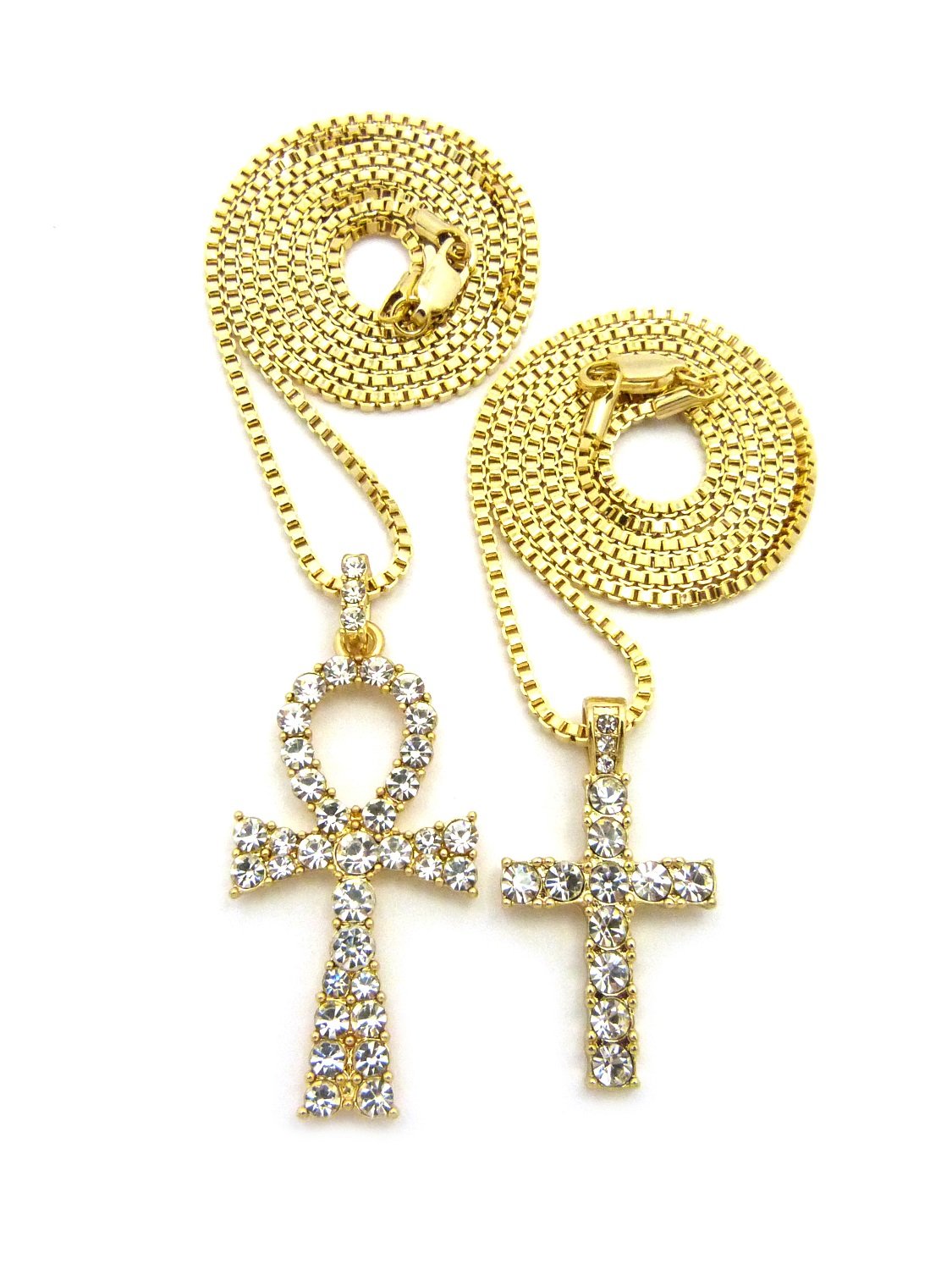 Iced Out Micro Ankh & Cross Pendant Necklace Set - 20
