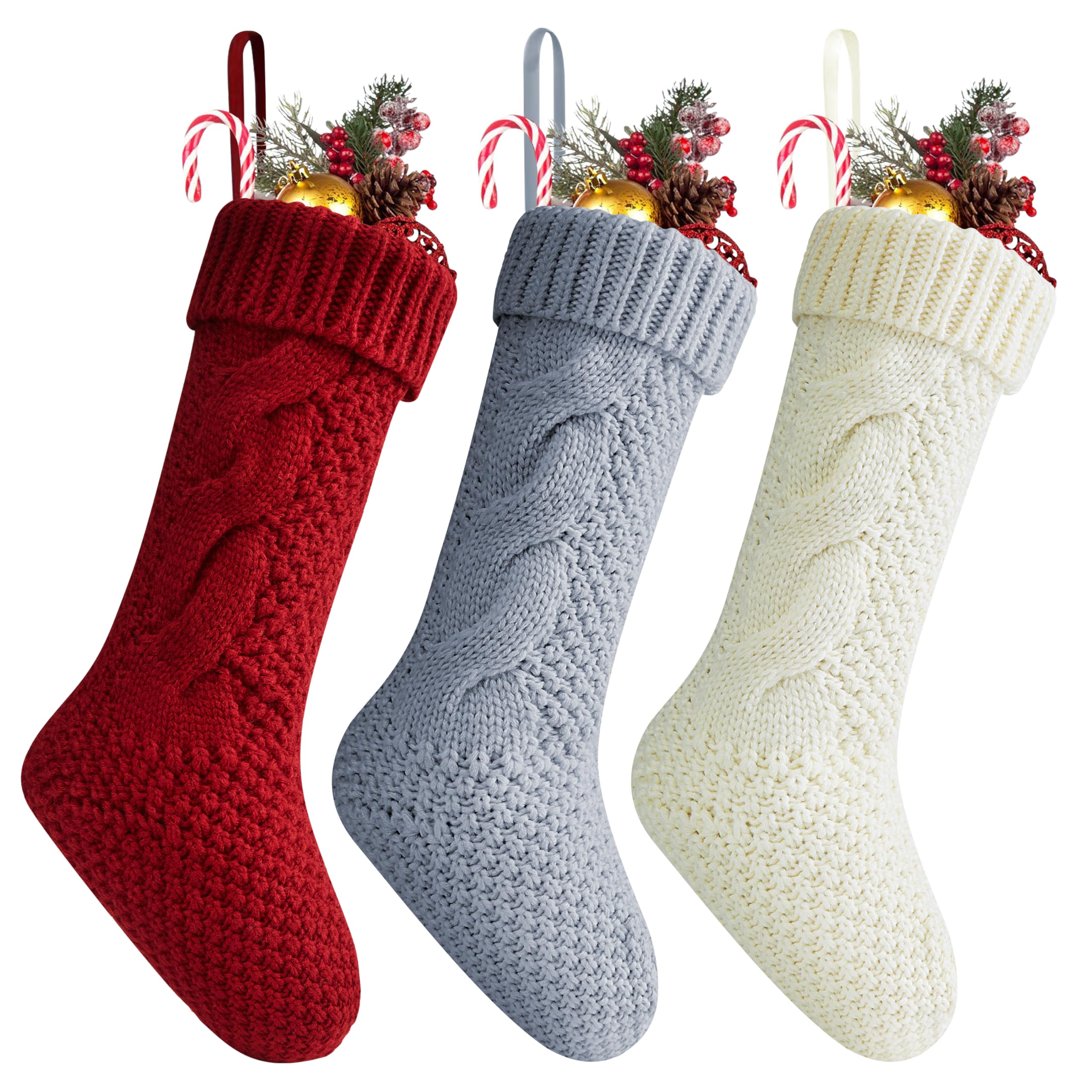 Fesciory Christmas Stockings 3 Pack - 18 Inch Large Knit Stockings for Holiday Decor, Burgundy Ivory Grey - Perfect for Xmas Gifts, Family Parties & Fireplace Mantel Decorations