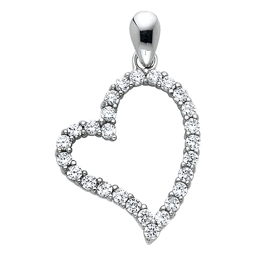 14K White Gold Small Heart Charm Pendant with White CZ Accents & 18