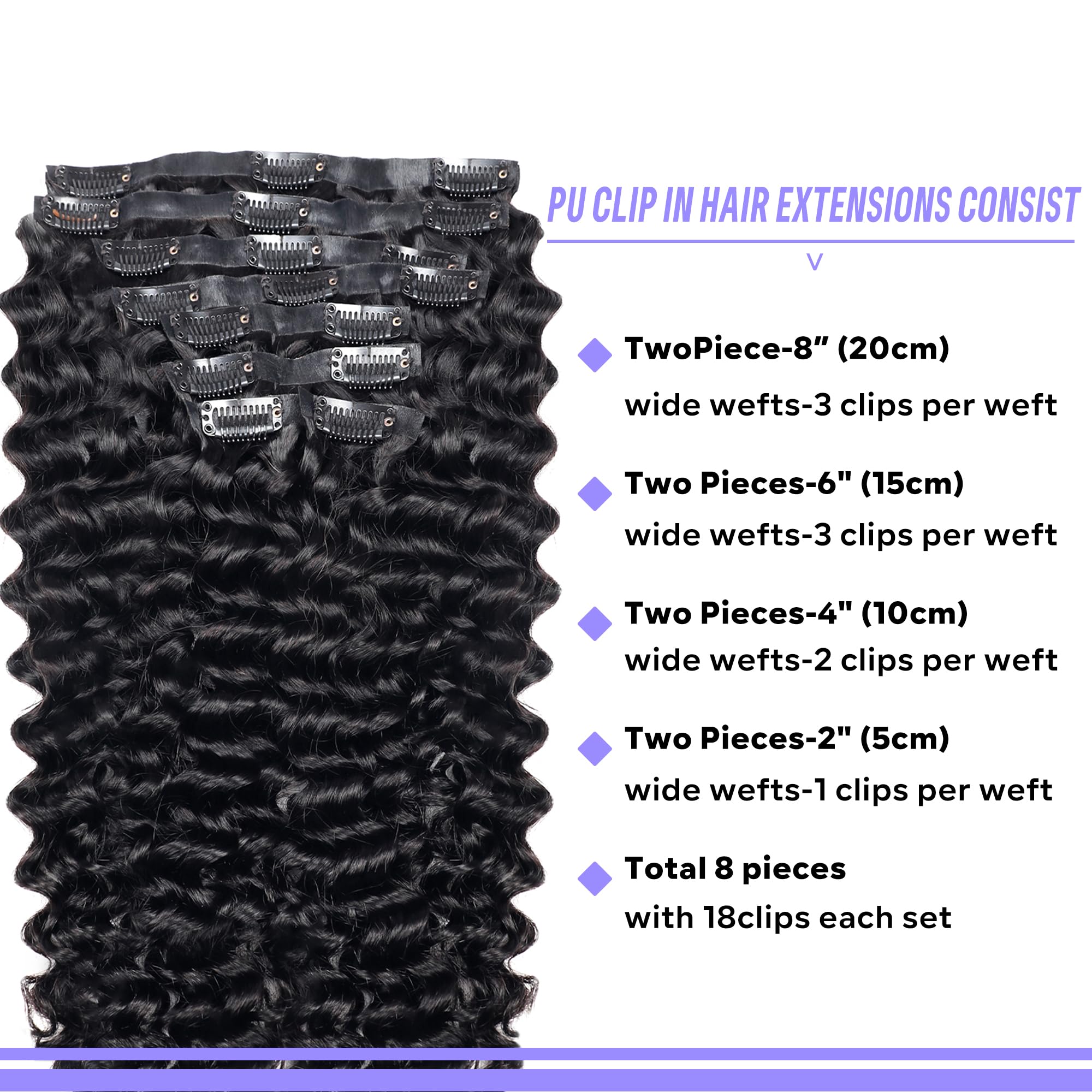 8Pcs Brazilian Virgin Human Hair Clip-in Extensions 26inch Deep Wave Natural Black – 120g Remy Hair with 18 PU Clips for Women | Perfect for Parties, Weddings & Daily Styling