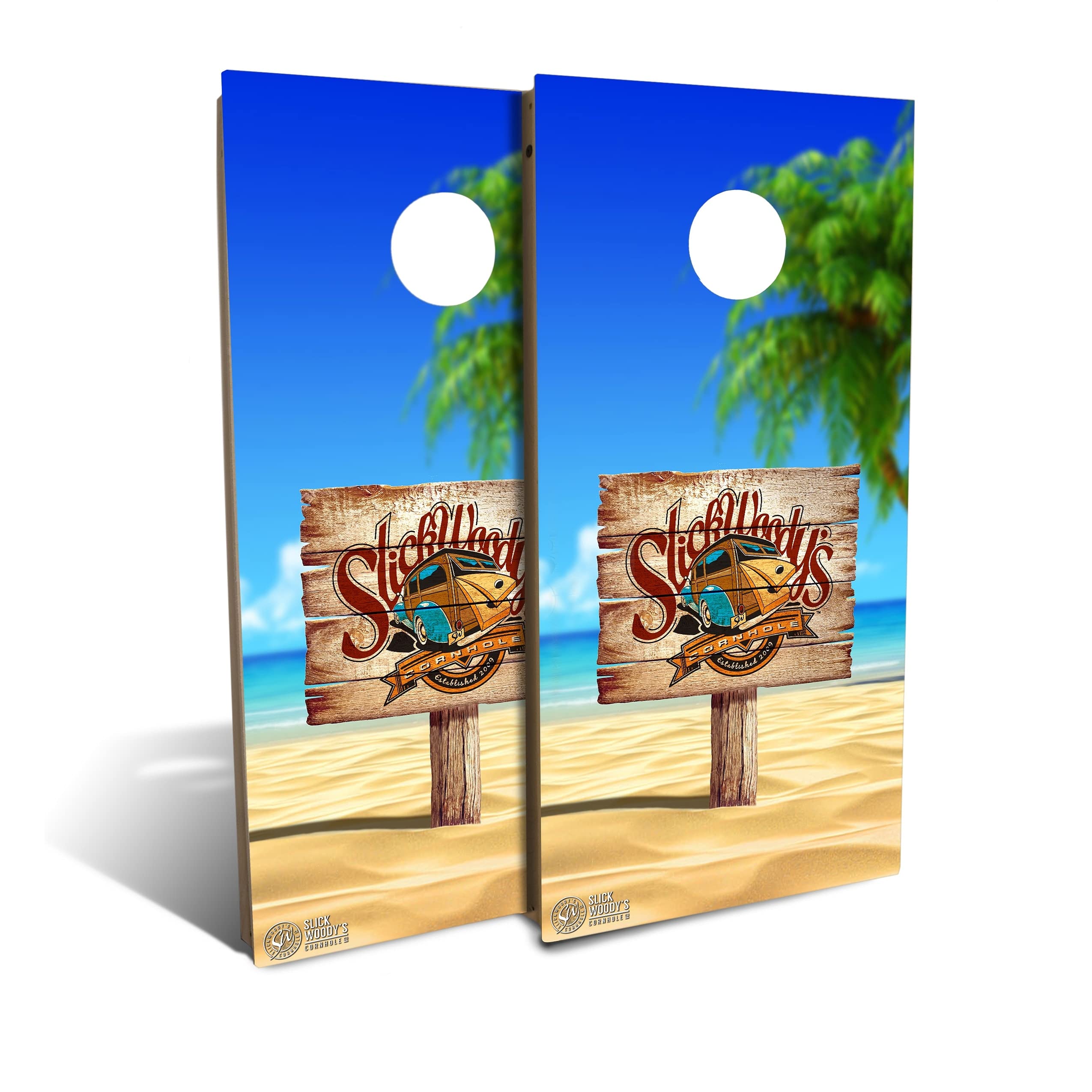 Heritage Logo Beach Cornhole Board Set with 8 Bags - Premium Outdoor Lawn Game for Backyard Parties, Tailgating & Beach Vacations