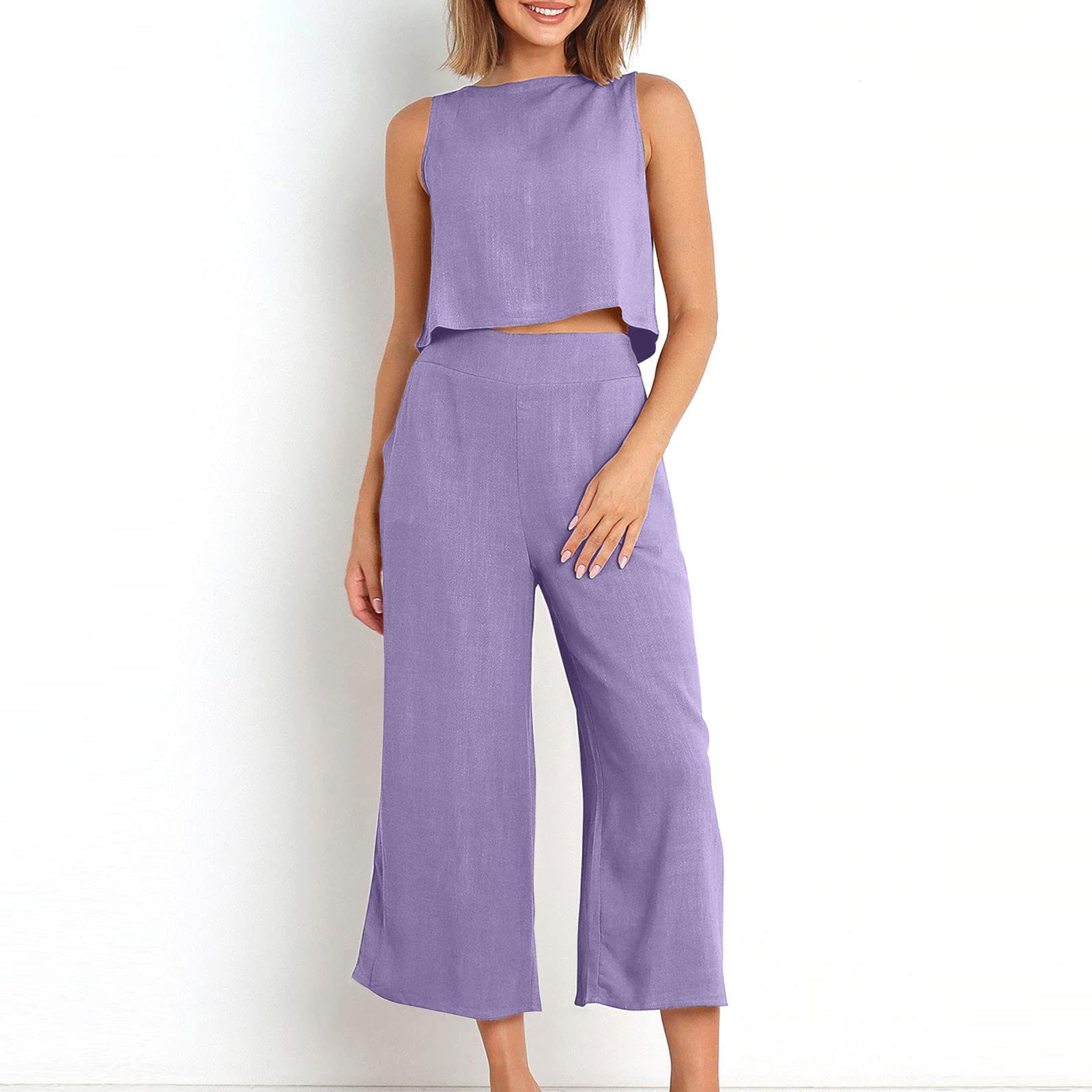 Women's 2-Piece Summer Outfit Set - Linen Crop Top & High Waist Wide Leg Capri Pants | Lounge Wear, Casual Matching Set for Beach, Vacation & Everyday Comfort