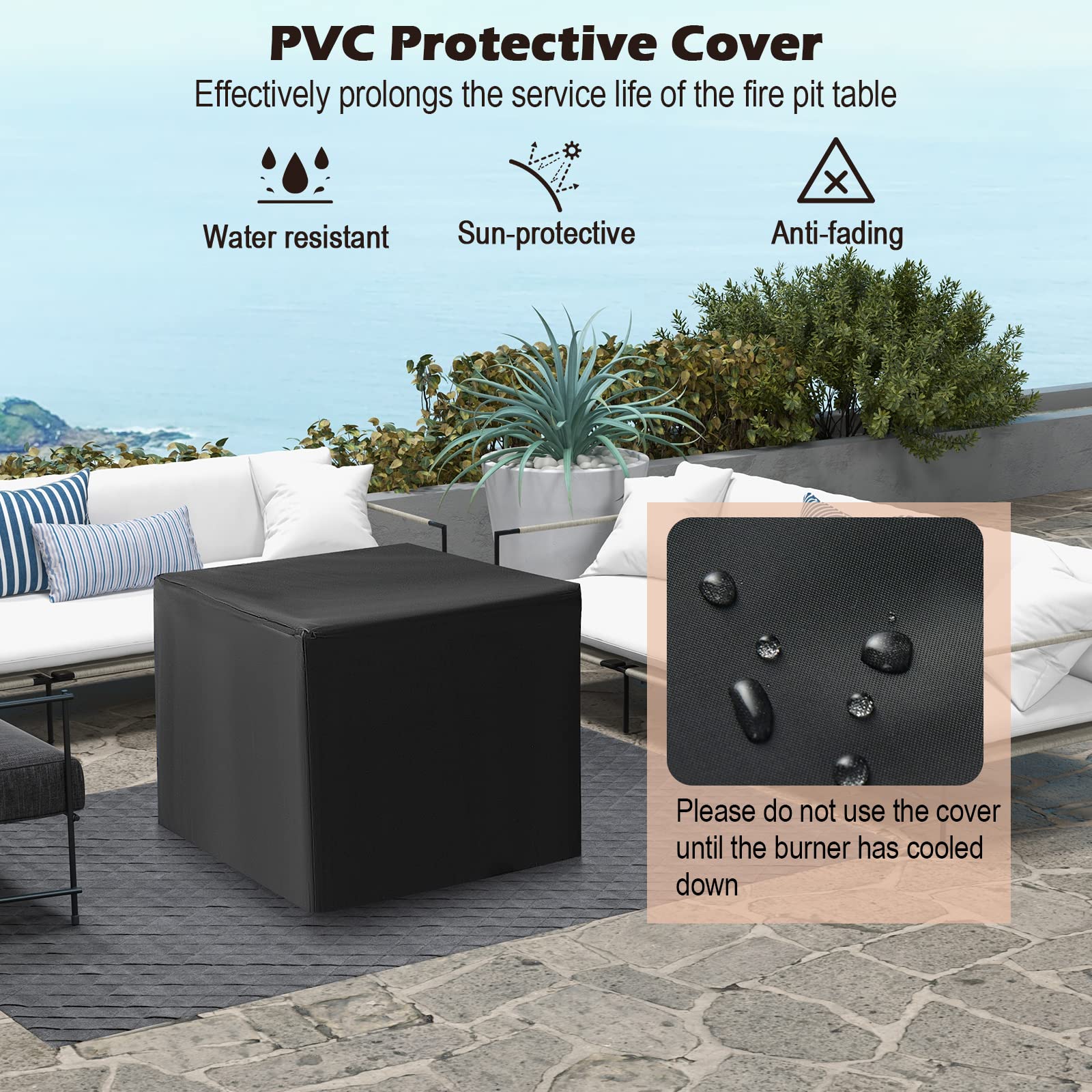 Tangkula 32 Inch Outdoor Propane Fire Pit Table - 50,000 BTU Square Patio Heater with Clear Glass Rocks & PVC Cover, Easy Ignition System - Perfect for Backyard, Poolside, Deck, and Garden Gatherings