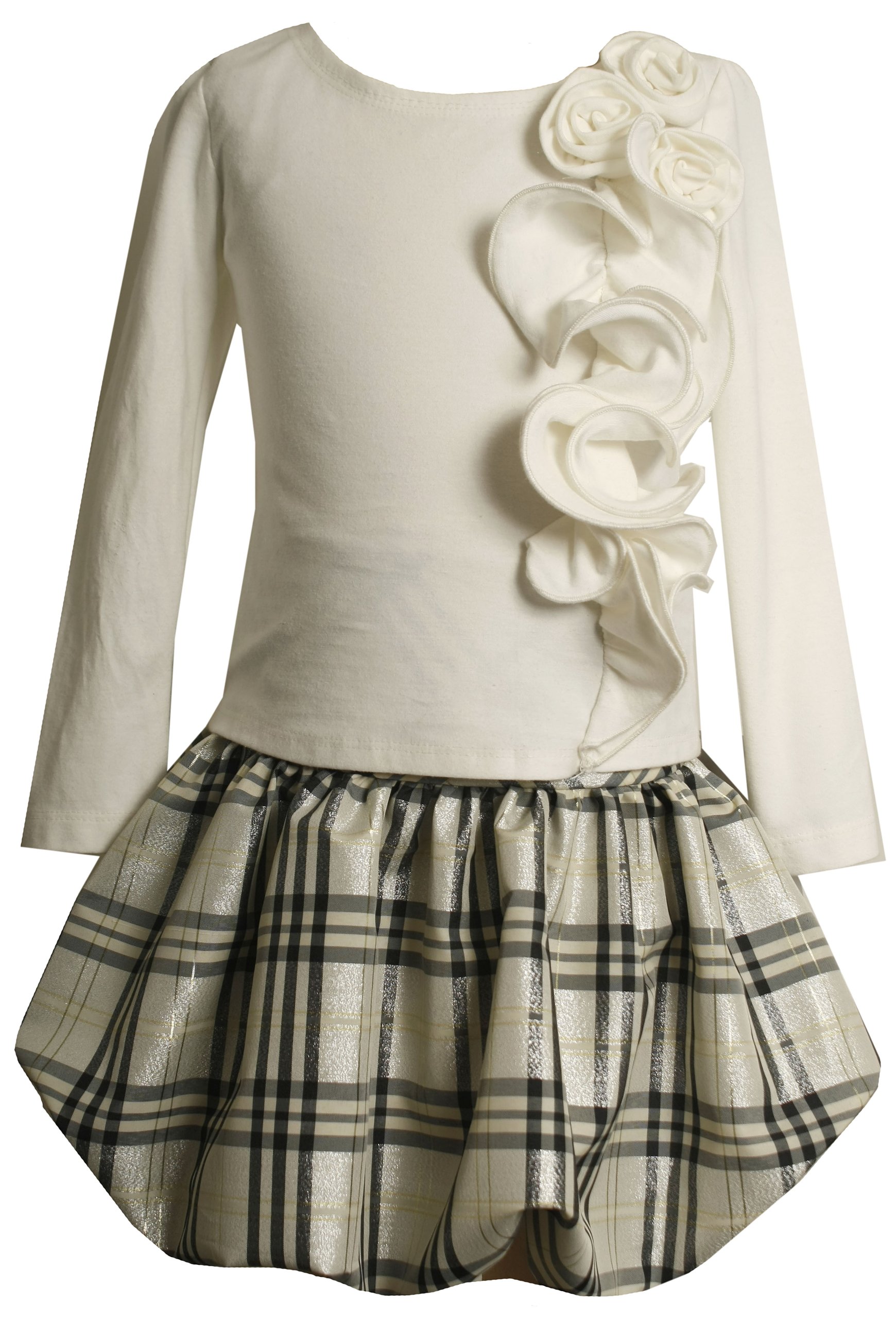 Bonnie Jean Girls' Knit Top with Cascading Ruffle & Taffeta Bubble Skirt Outfit | Cute Casual Dress for School, Parties & Special Occasions