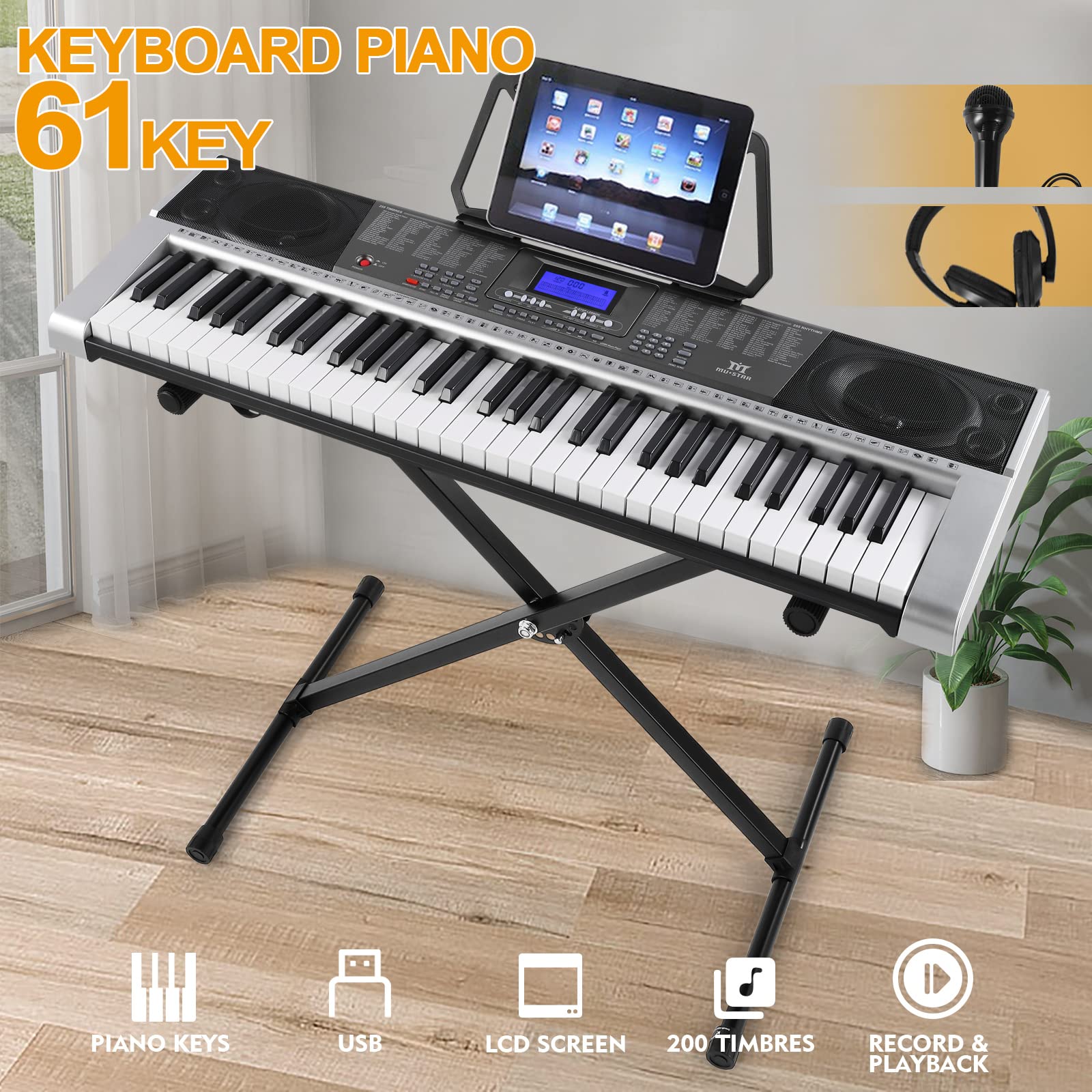 MUSTAR 61-Key Electronic Keyboard Piano with Stand, LCD Screen, Headphones & Microphone - Full Size Portable Digital Piano for Beginners & Kids - Perfect for Home Practice, Music Lessons & Birthday Gifts
