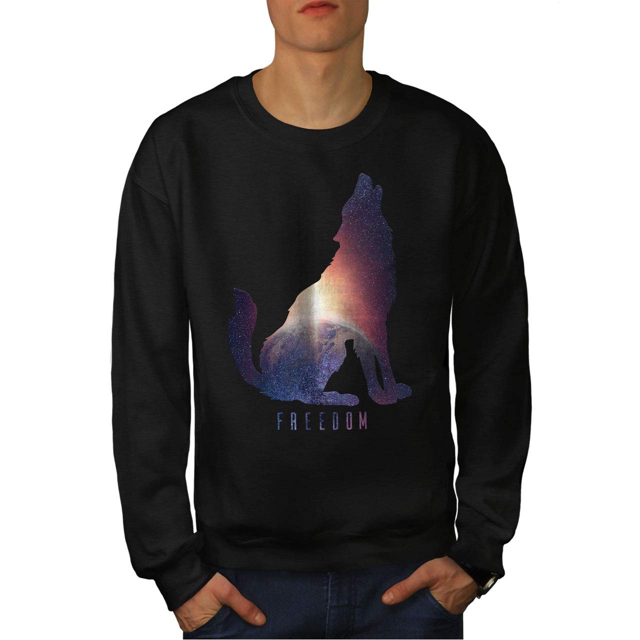 Wellcoda Men's Wolf Freedom Graphic Sweatshirt - Space Sky Print Casual Pullover Jumper for Outdoor Activities & Streetwear Fashion