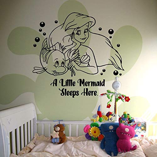 Disney Princess The Little Mermaid Ariel Quote Vinyl Wall Sticker Decal - 'A Little Mermaid Sleeps Here' Inspirational Home Decor (40x40 Inch) for Kids Room, Nursery, Teen Bedroom & Disney Fan Collection