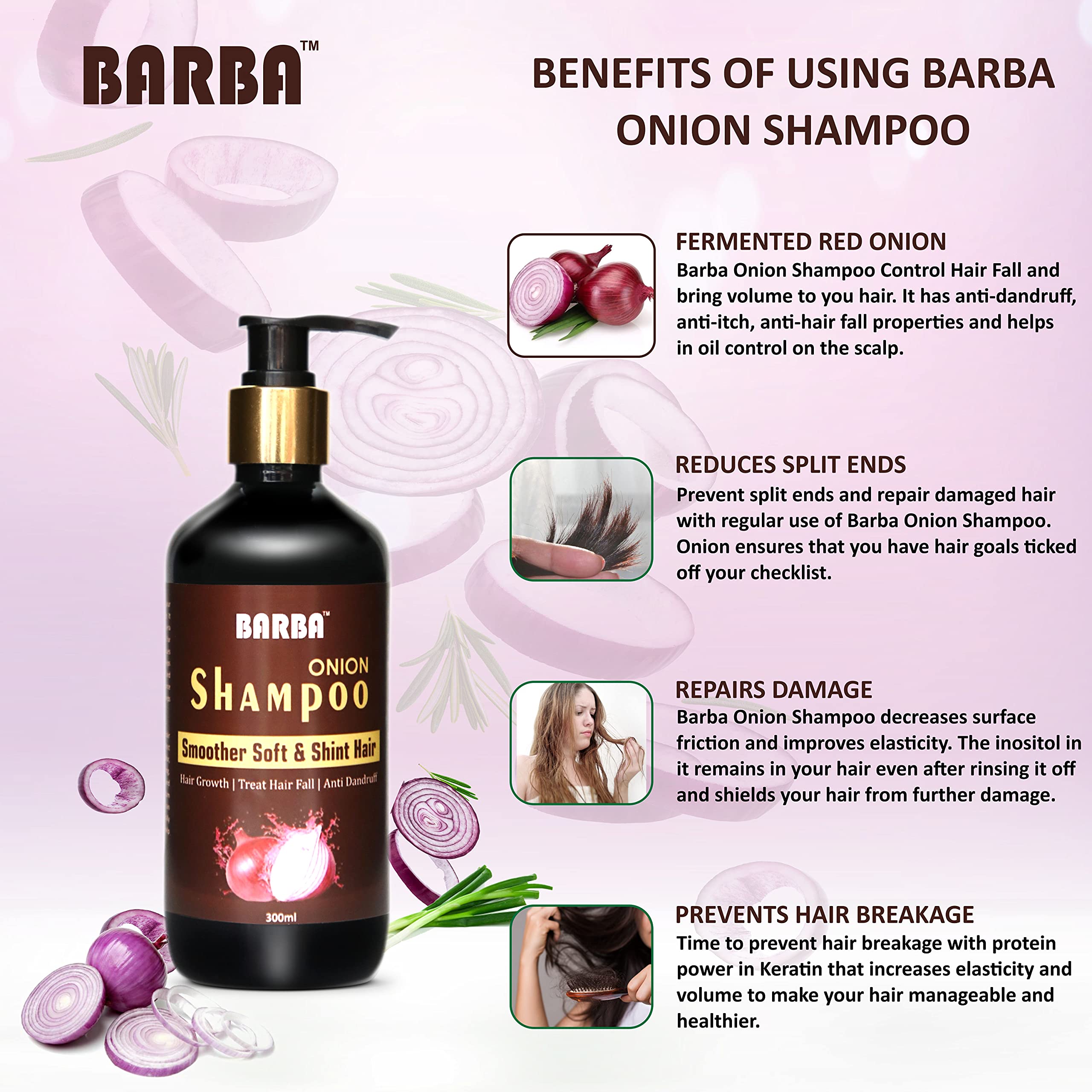 Barba Red Onion Shampoo for Hair Growth - Anti Hair Fall & Dandruff Treatment - Smoother, Softer & Shinier Hair - Daily Use for Men & Women (300ml) - Perfect for Damaged Hair Care & Scalp Nourishment at Home