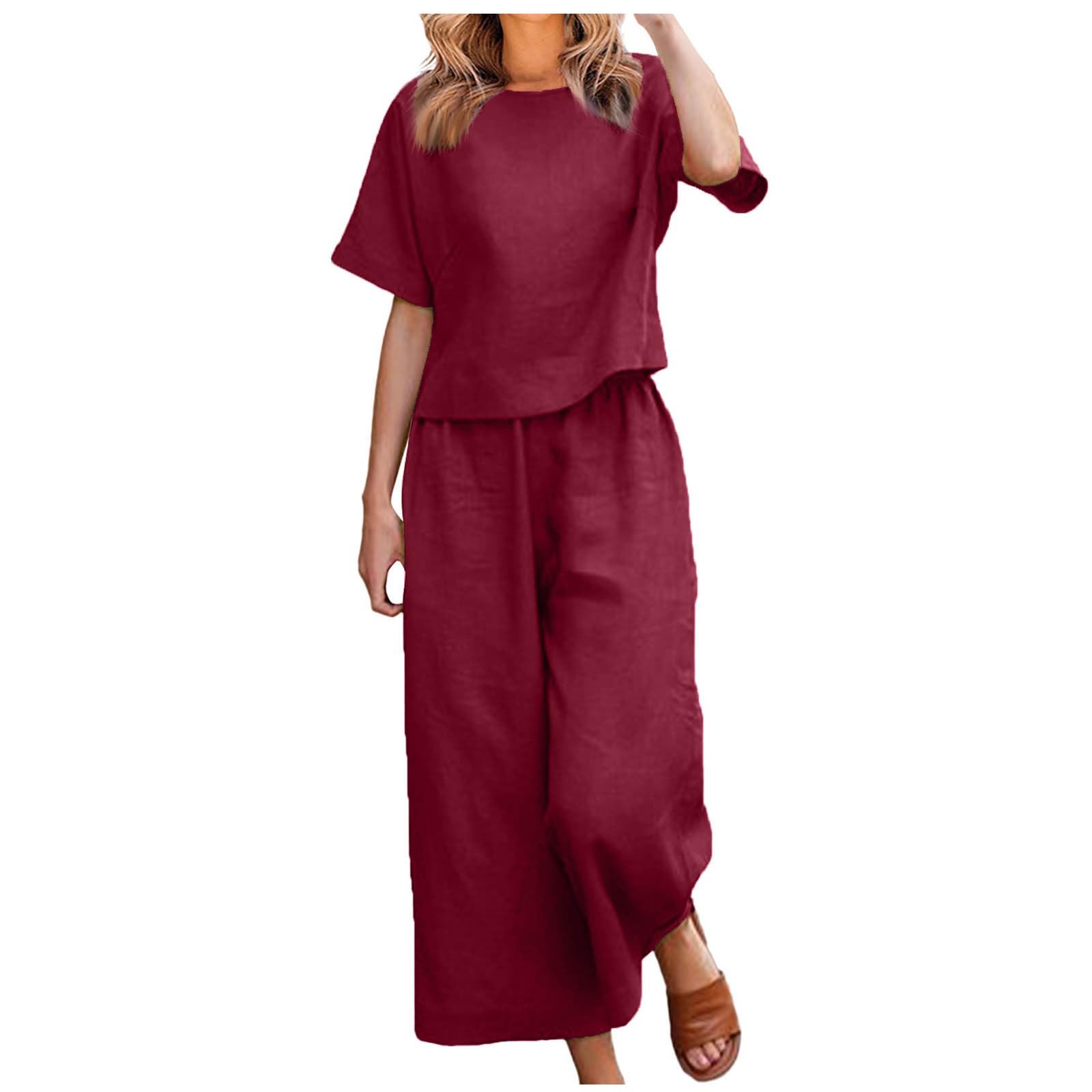 Binmer Women's 2-Piece Linen Lounge Set - Summer Short Sleeve Top & Belted Wide Leg Pants Outfit | Casual Comfort Wear for Home, Travel & Yoga