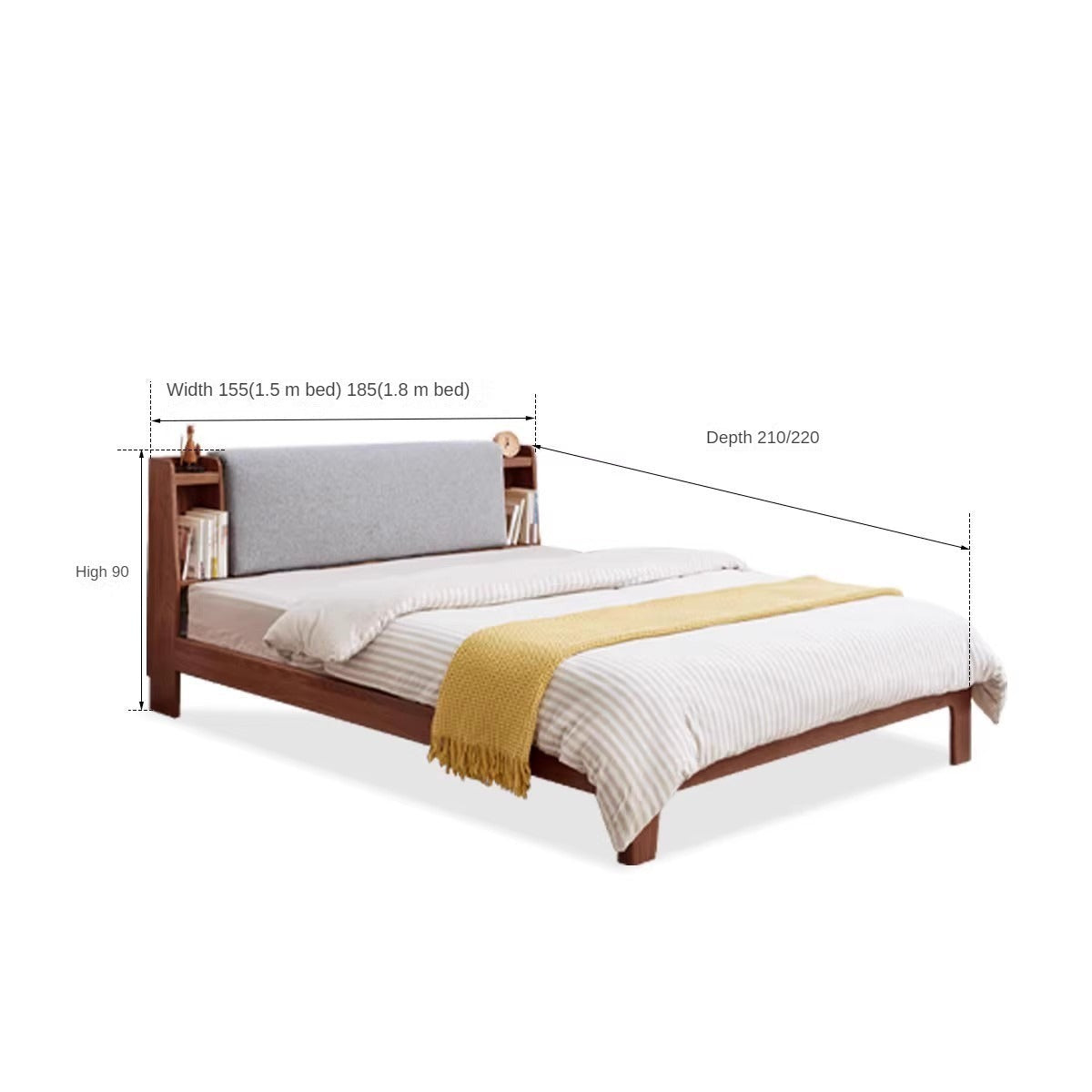 Solid Oak Wood Luminous Bed with Shelf - Genuine Leather & Technical Fabric Headboard - Modern Bedroom Furniture for Master Bedroom, Guest Room, or Dorm