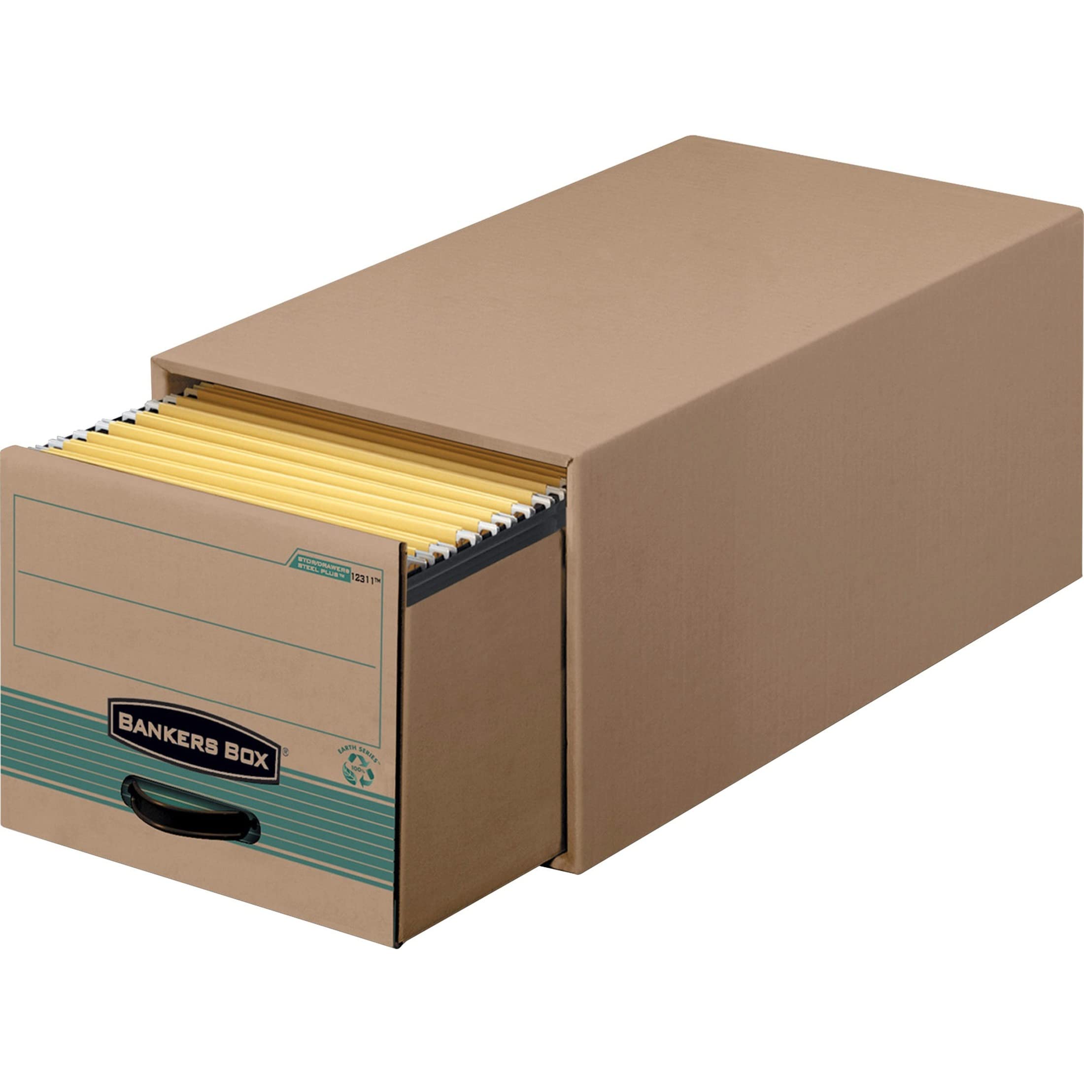 Banker's Box 6-Pack STOR/DRAWER STEEL PLUS 100% Recycled Extra Space-Saving Filing Cabinet - Letter Size, Kraft/Green, Stacks 5 High - Perfect for Office Organization, Home Filing & Small Business Storage