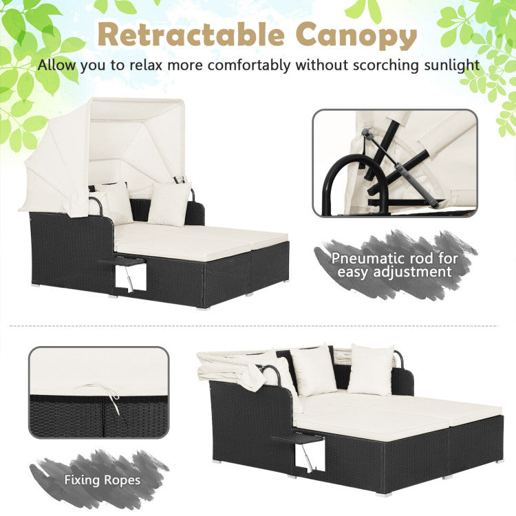 Costway Outdoor Patio Rattan Daybed with Retractable Canopy & Side Tables - Black - Perfect for Poolside Lounging, Garden Relaxation & Backyard Sunbathing