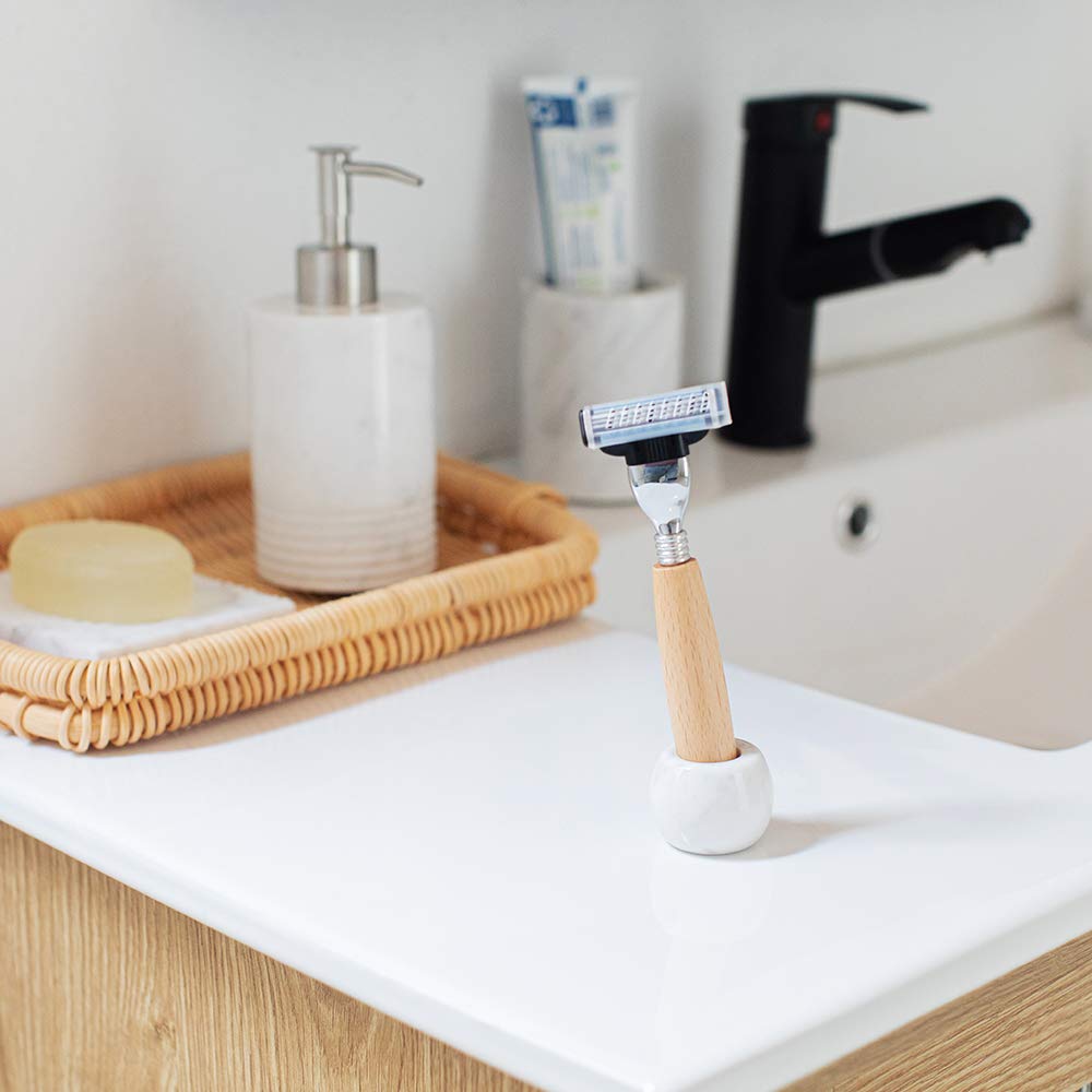 Marble Mini Toothbrush Holder Stand for Bathroom - 2 Pack Divided Toothbrush Organizer with Electric Toothbrush & Razor Storage - Countertop Bathroom Organizer for Brushes, Razors, and Oral Care Essentials