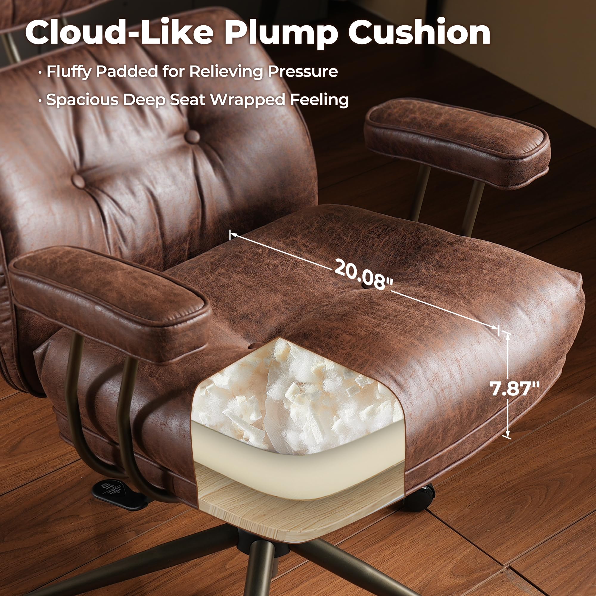 Ovios Ergonomic Home Office Chair - Mid-Century Modern Faux Leather Executive Chair with Thickened Cushions, High Back Support & Smooth Swivel Wheels - Comfortable Computer Desk Chair for Work, Gaming & Study (Dark Brown, Suede Leather) - Perfect for Home Office, Conference Room & Workspace
