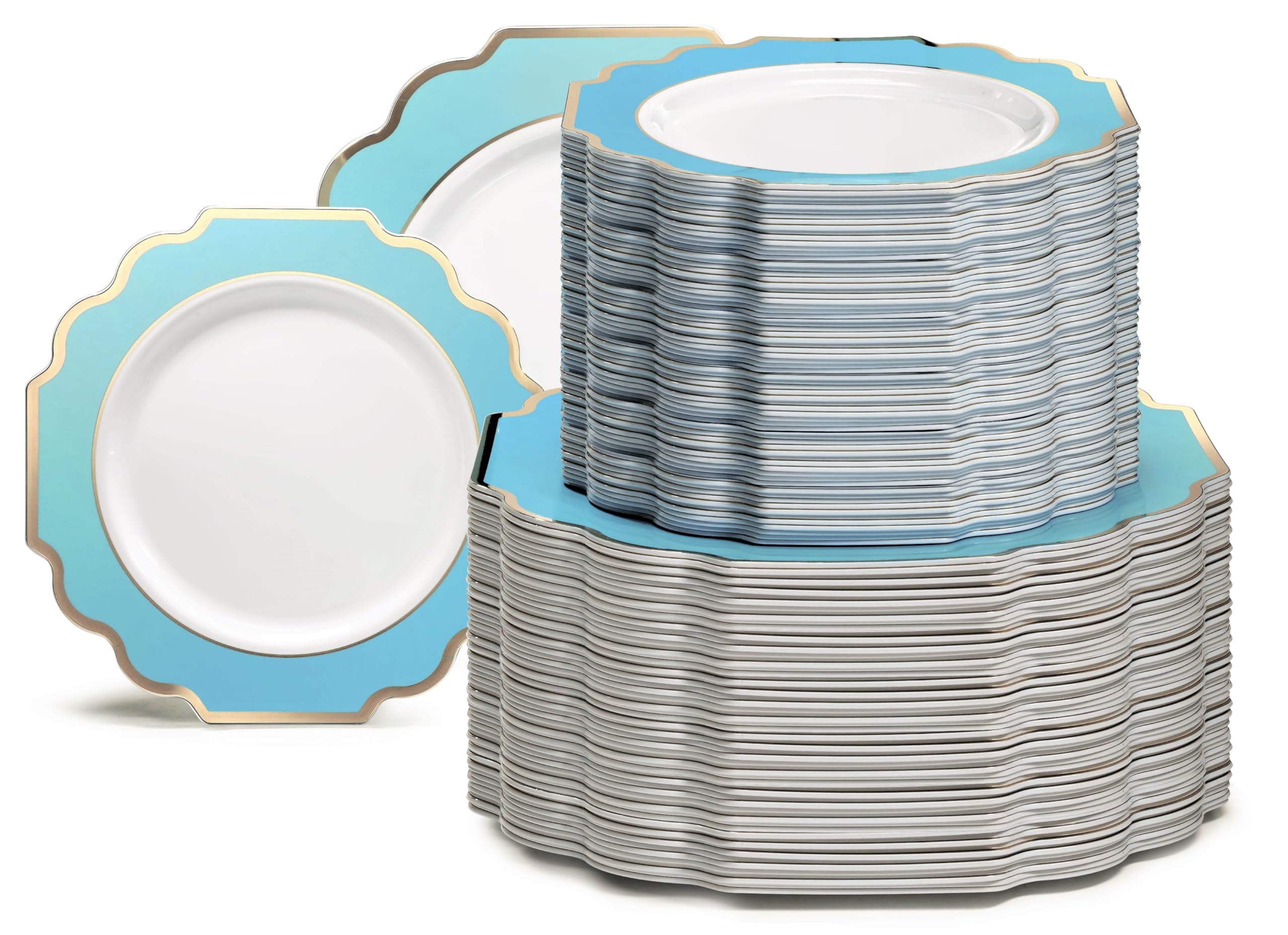 240-Pack Heavyweight Disposable Plastic Plates Set for Weddings & Parties - 120 x 10.5'' Dinner Plates + 120 x 8'' Salad/Dessert Plates (Imperial Aqua/Gold) - Perfect for Catering, Buffets, and Large Gatherings