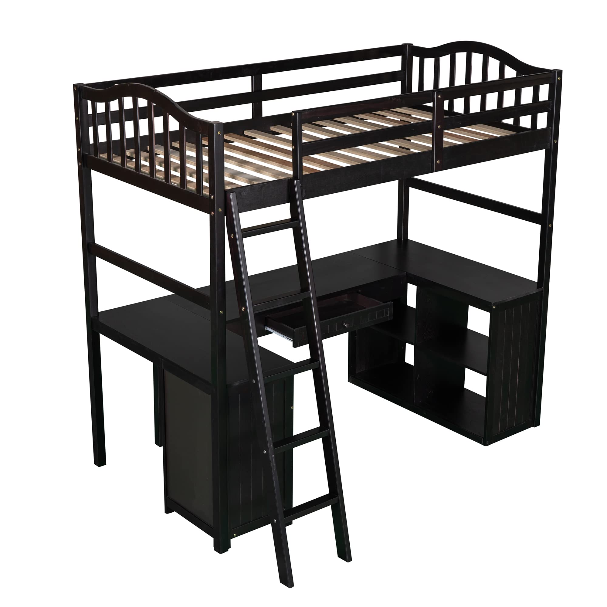 Harper & Bright Designs Wooden Twin Loft Bed with Desk, Drawers & Storage Shelves - Space-Saving High Loft Bed Frame for Kids, Teens & Adults - Perfect for Small Bedrooms, Dorm Rooms & Studio Apartments (Espresso Finish)