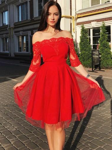 **Elegant Off Shoulder Red Short Sleeve Homecoming Dress - Affordable Prom Dress for Women, CM619 | Perfect for Parties, Dances & Special Occasions**