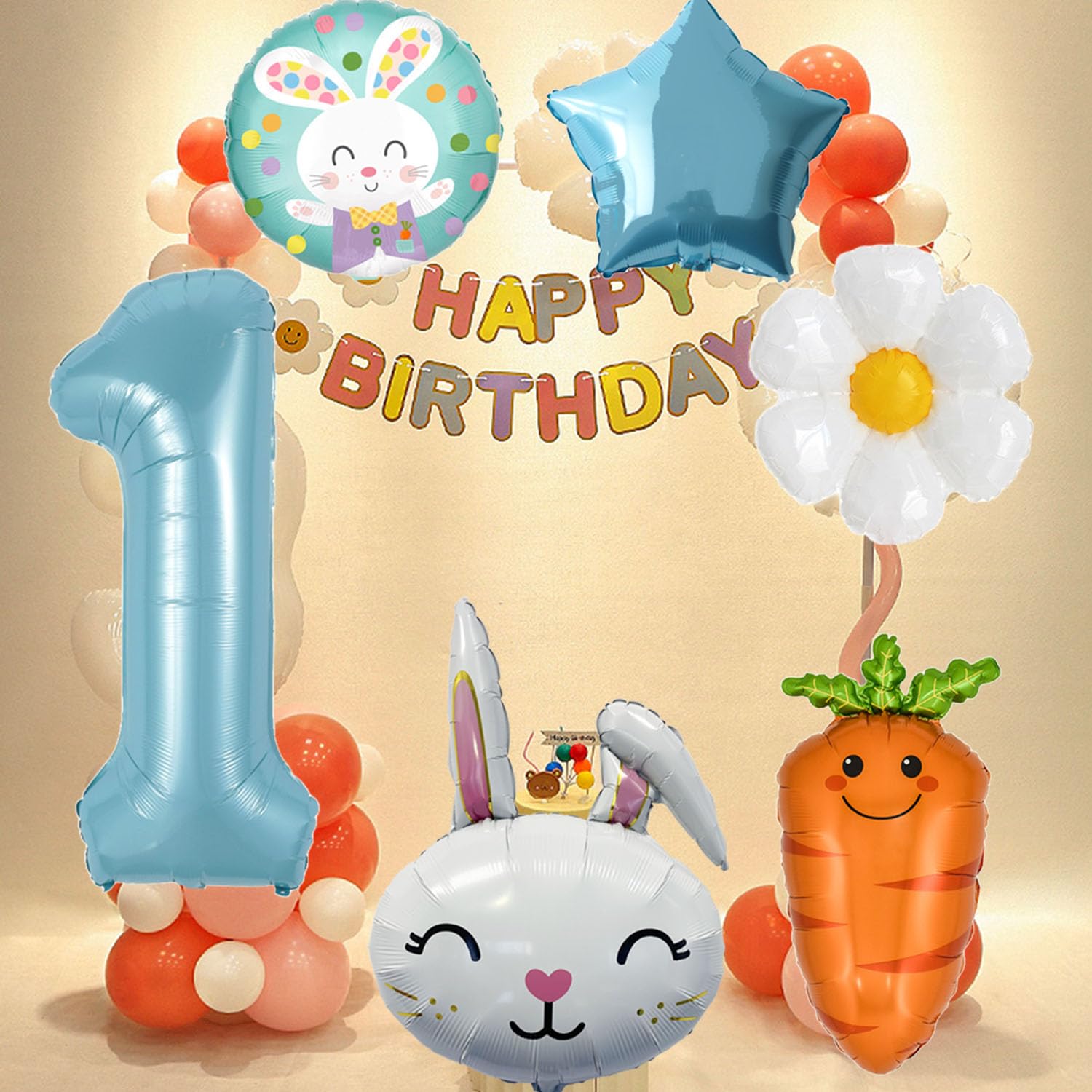 1st Birthday Bunny Balloons Set - 6Pcs Blue Rabbit Head, Carrot & Daisy Balloons for Girls Baby Shower Decorations, Birthday Party Supplies - Perfect for 1st Birthday Parties, Baby Showers & Spring Celebrations