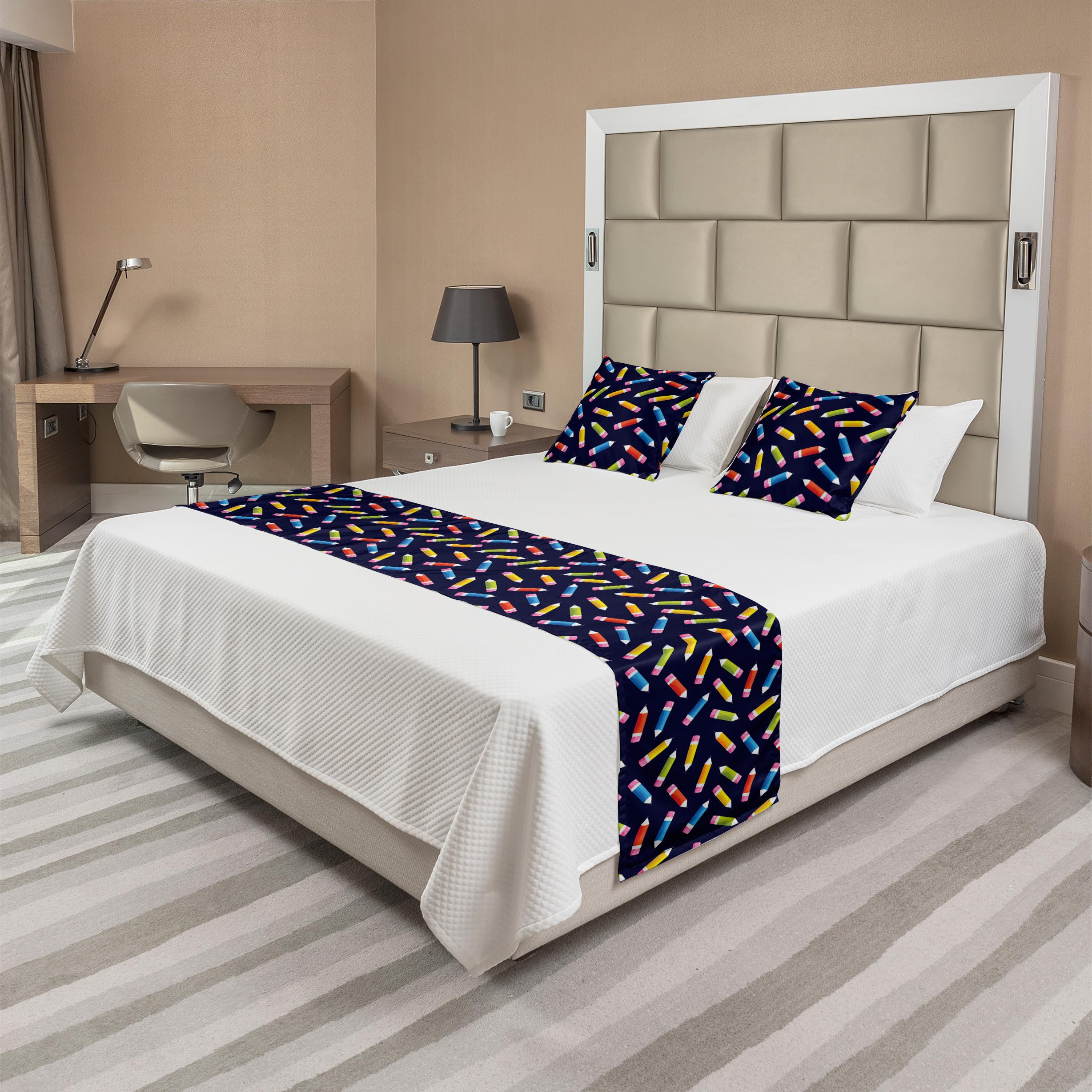Ambesonne Colorful Bed Runner Set with 2 Pillow Shams - Back to School Pencils Artist Design in Indigo & Multicolor - Queen Size Decorative Bedding for Hotels & Homes - Perfect for Guest Rooms, Master Bedrooms & Cozy Home Decor